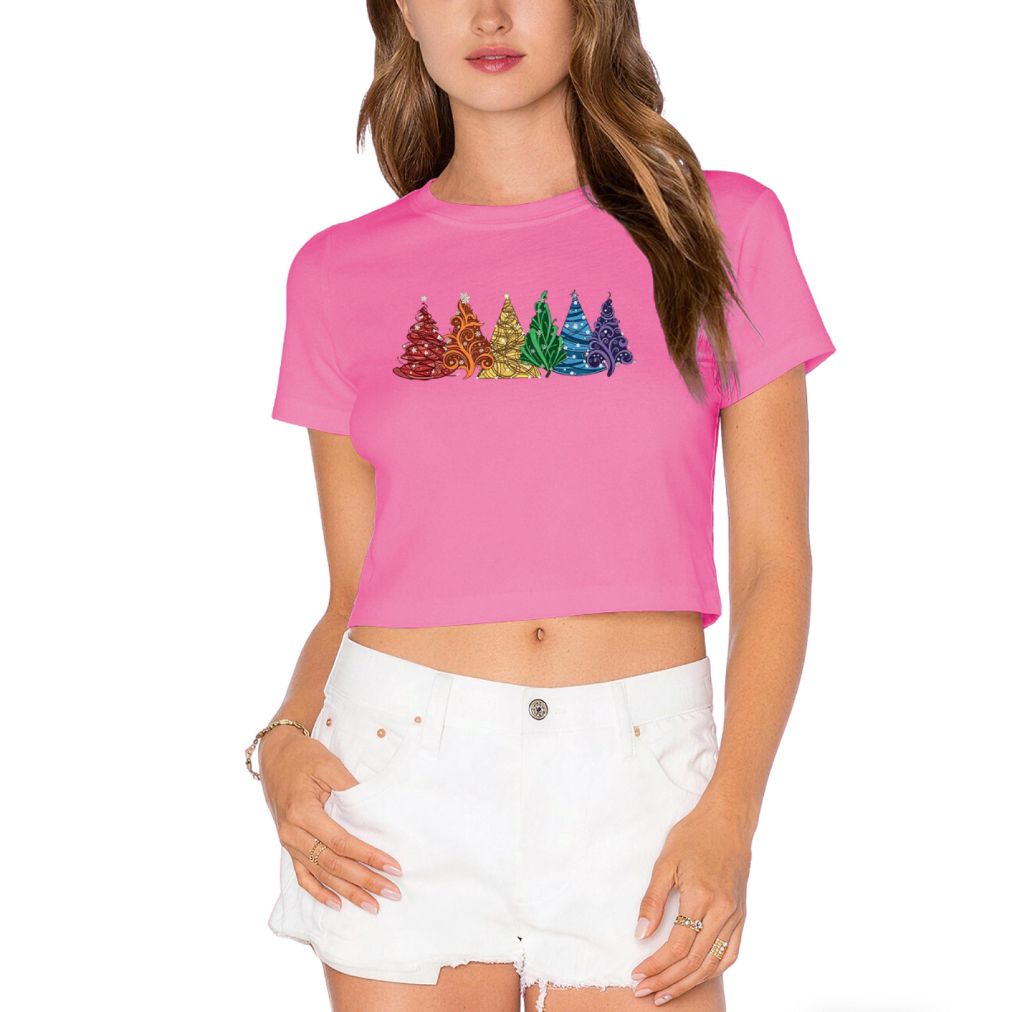 Rainbow Colorful Christmas Trees Trendy Crop Tee
