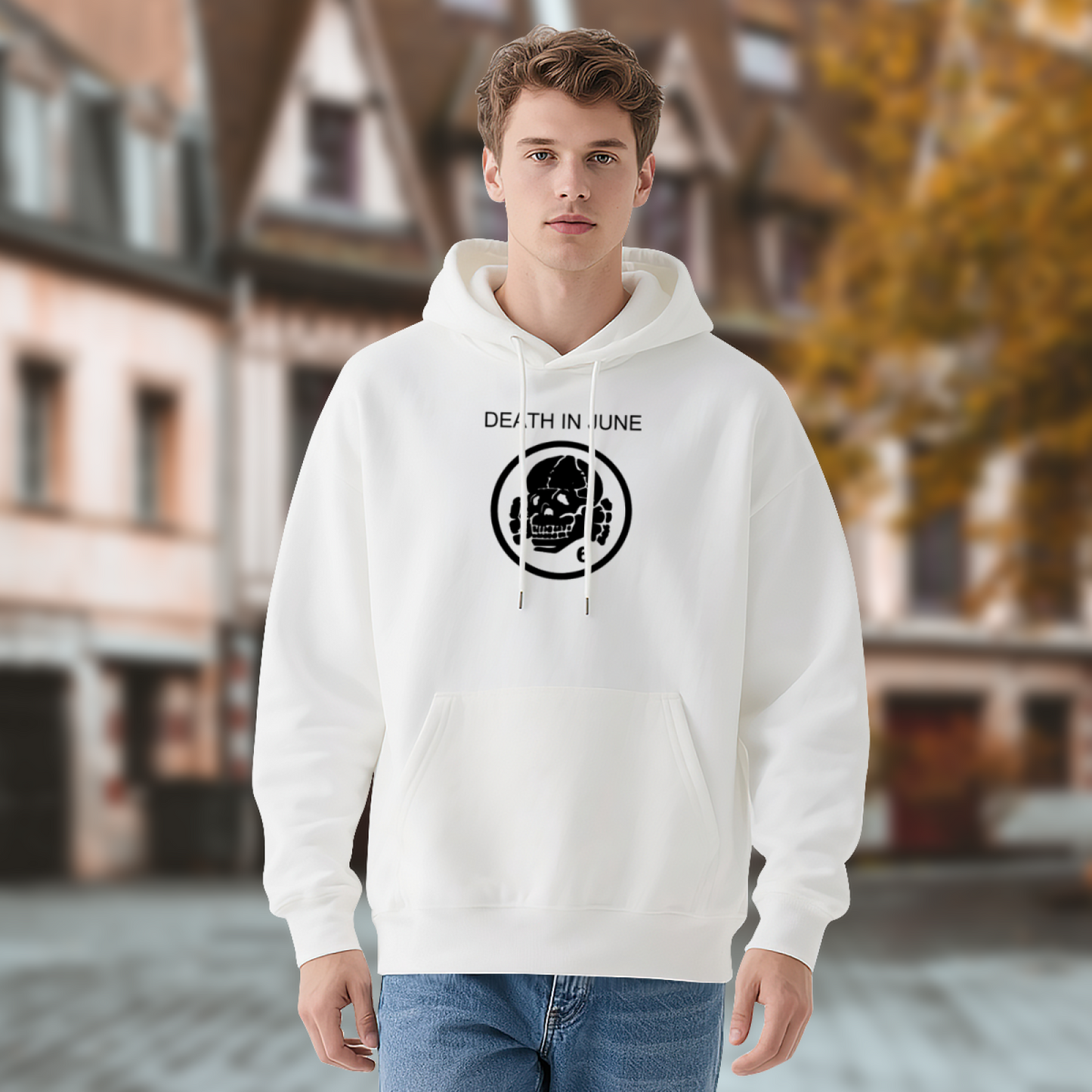 Death In June Skull Logo White Hoodie, Soft Gothic Daily Top