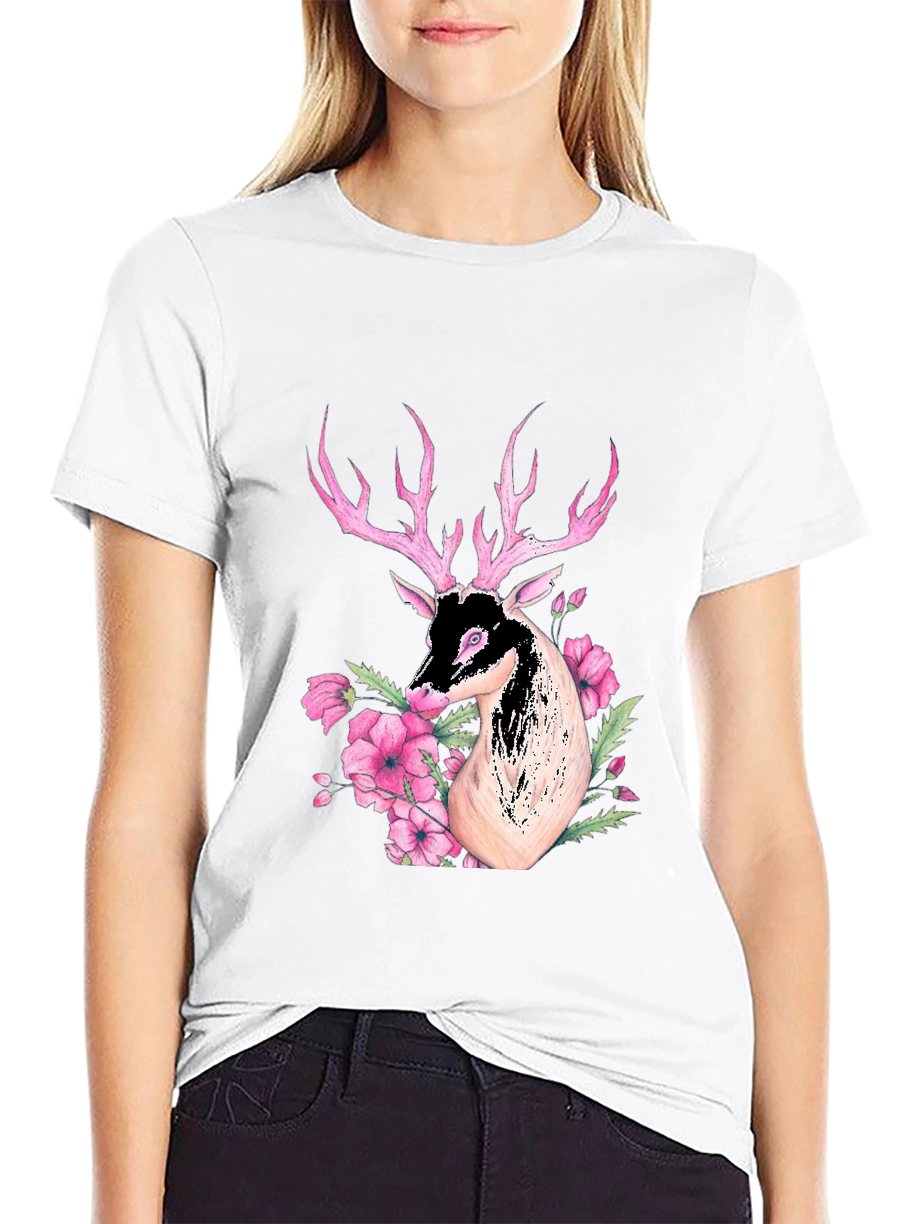 Deer Floral Graphic Black T-Shirt