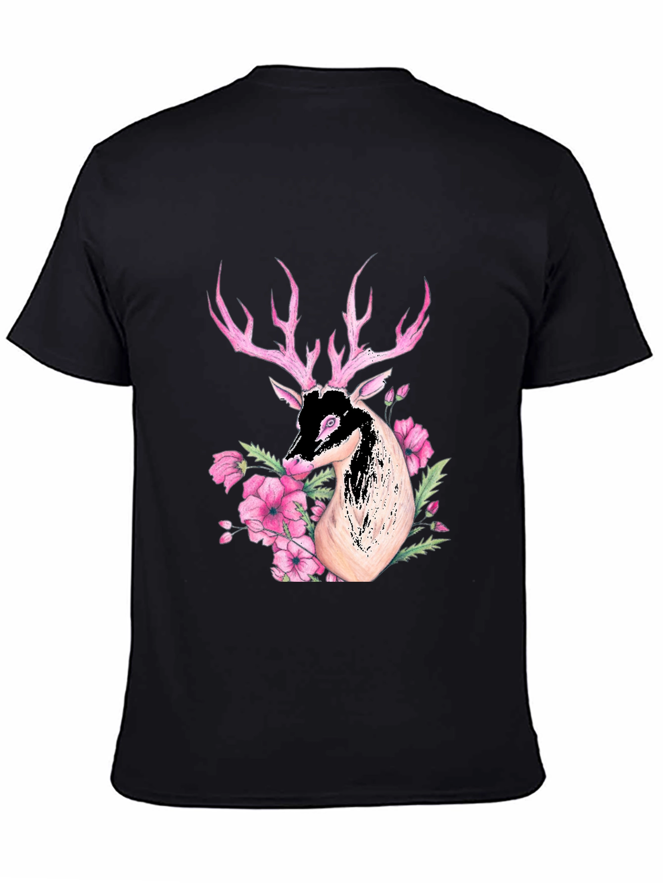 Deer Floral Graphic Black T-Shirt