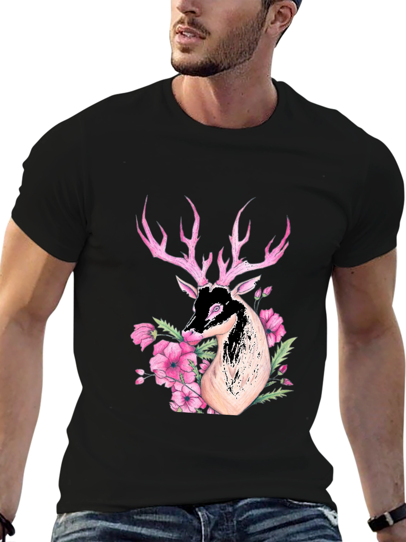 Deer Floral Graphic Black T-Shirt