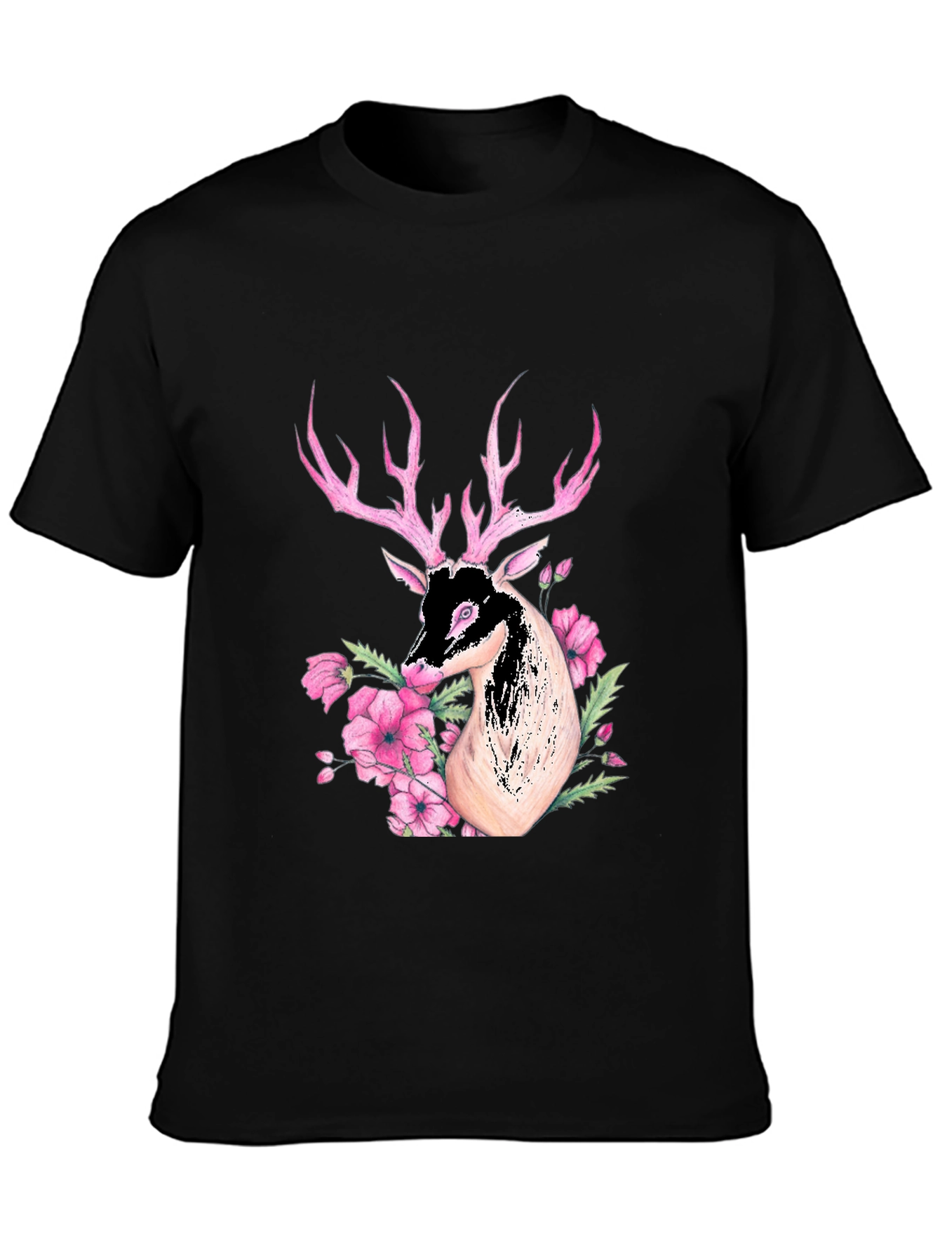 Deer Floral Graphic Black T-Shirt