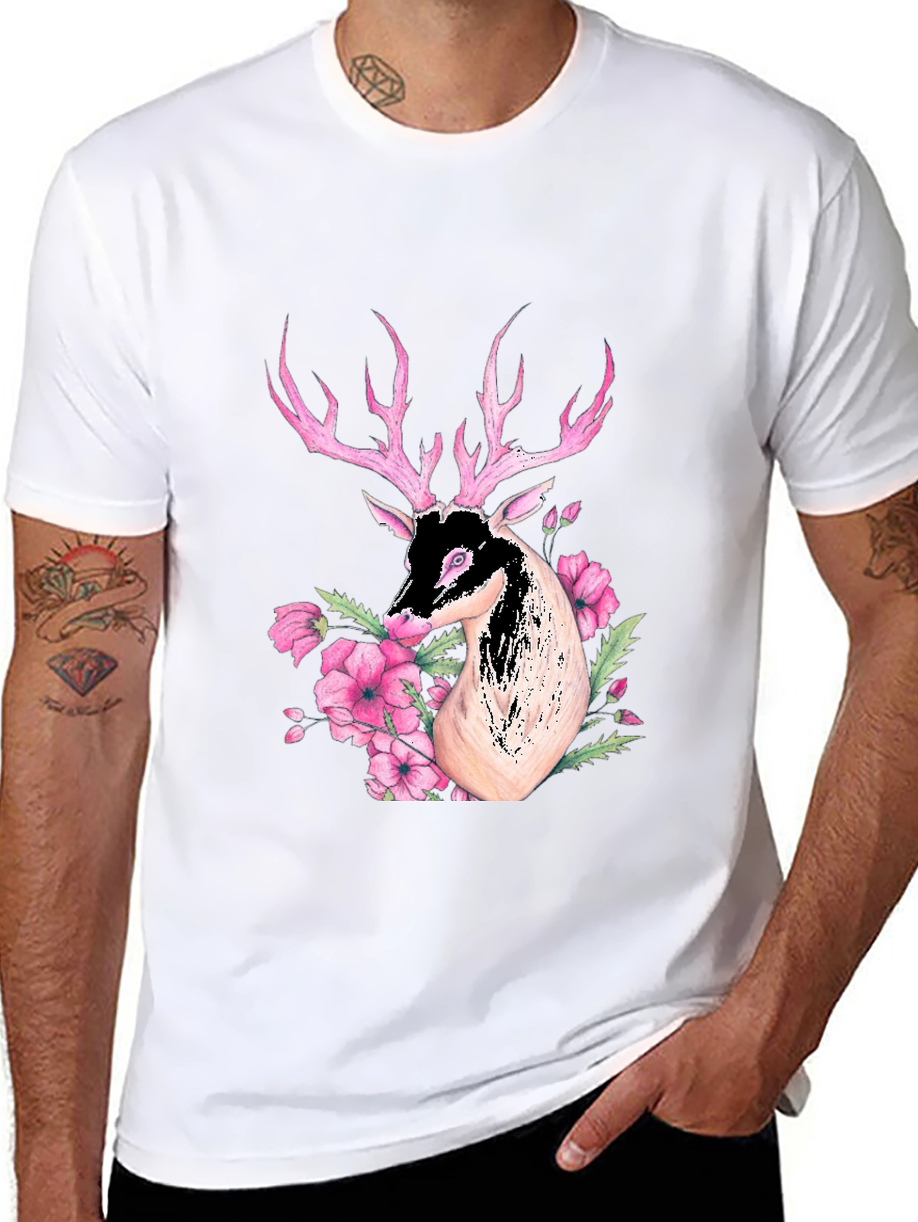Deer Floral Graphic Black T-Shirt