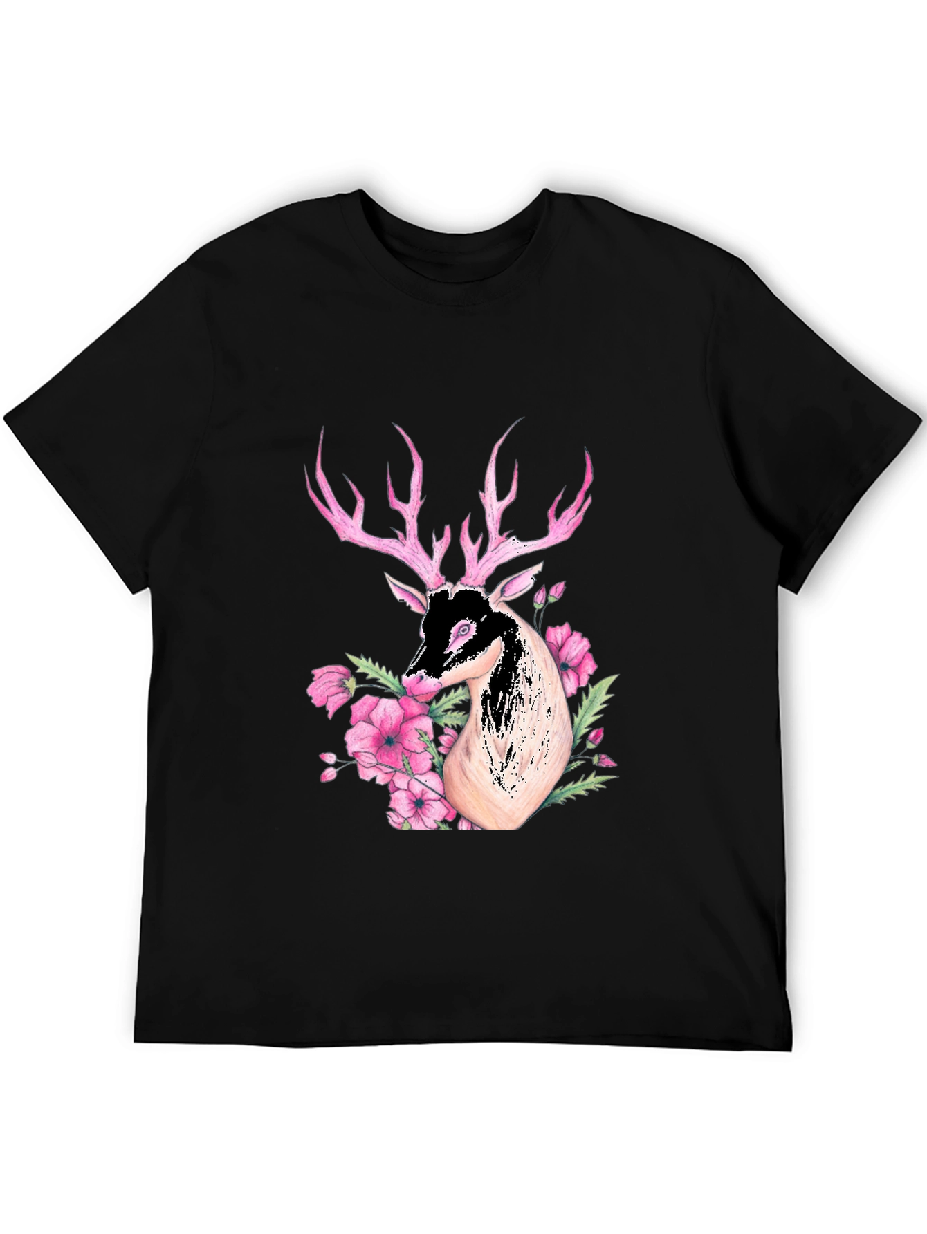 Deer Floral Graphic Black T-Shirt