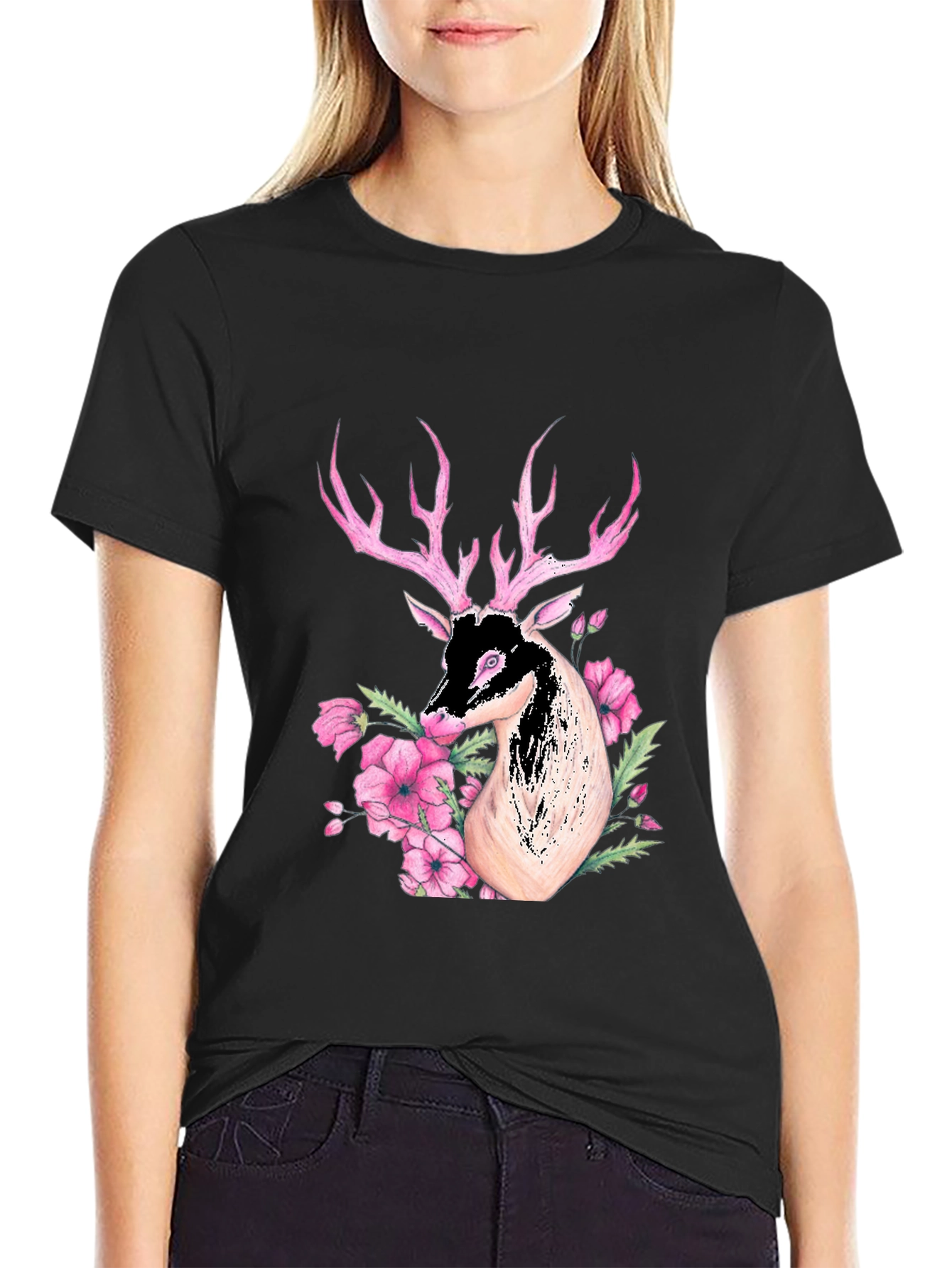 Deer Floral Graphic Black T-Shirt