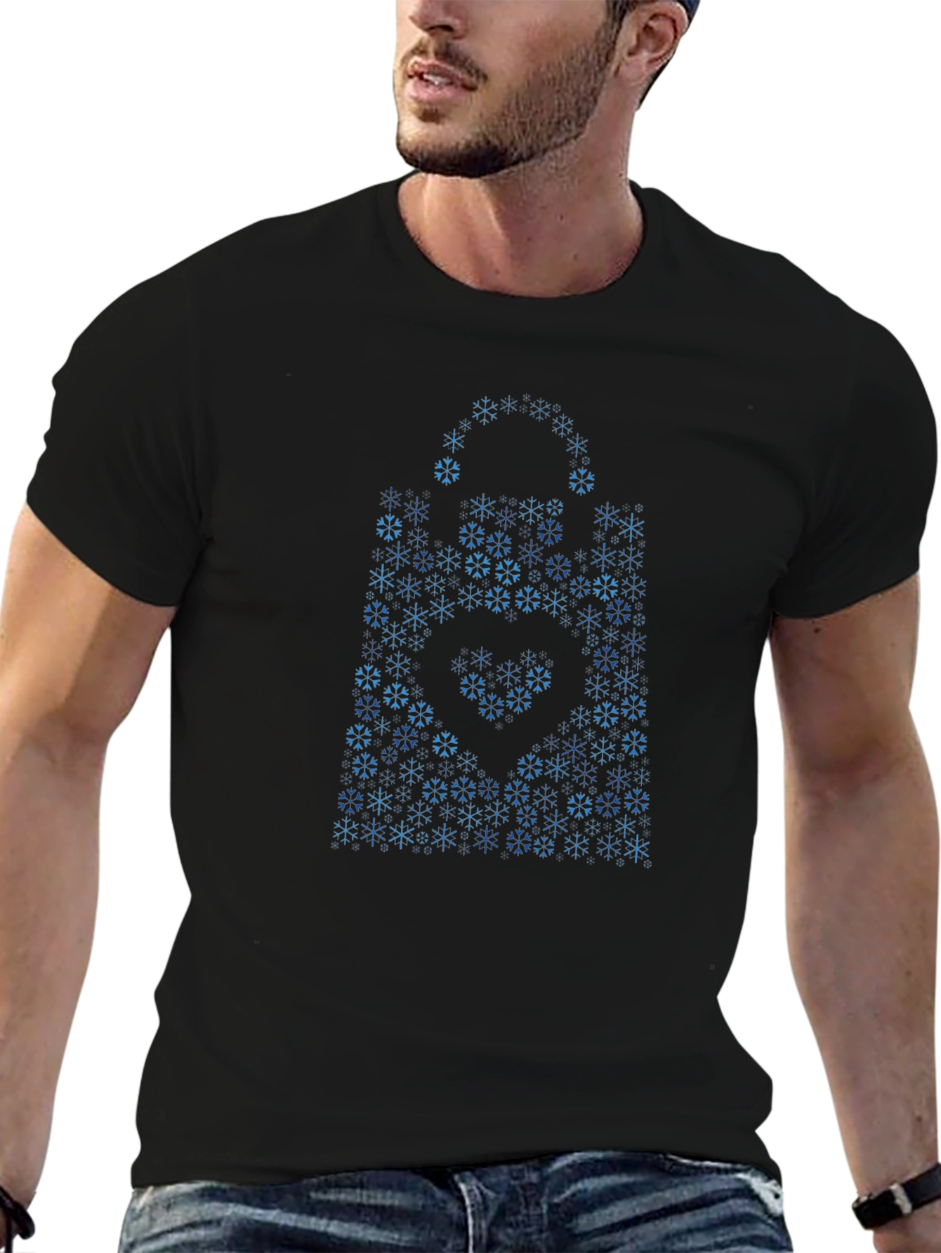 Geometric Snowflake Pattern Black T-Shirt