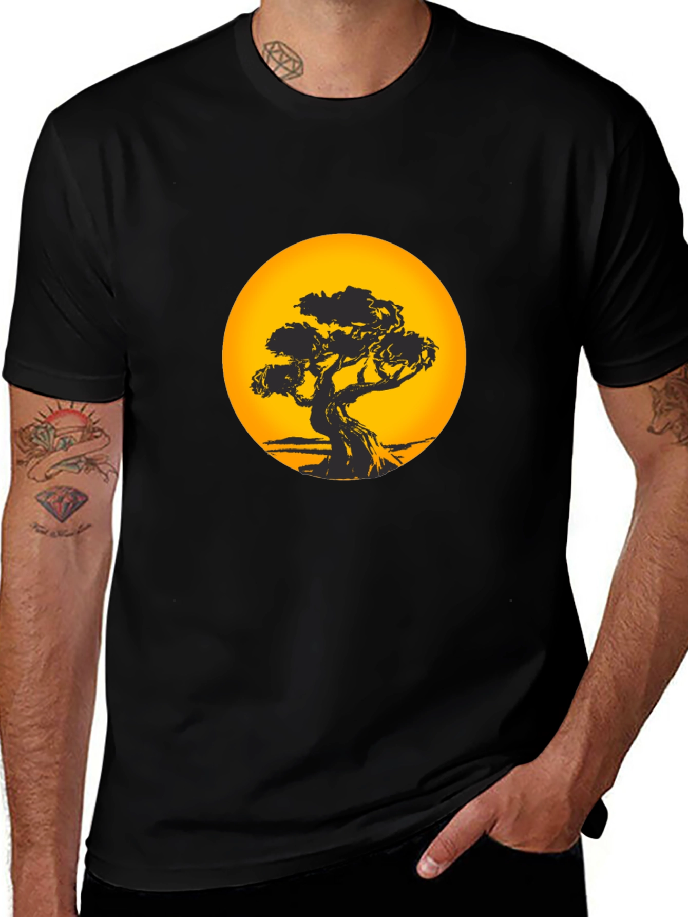 Bonsai Tree Sunset Black T-Shirt