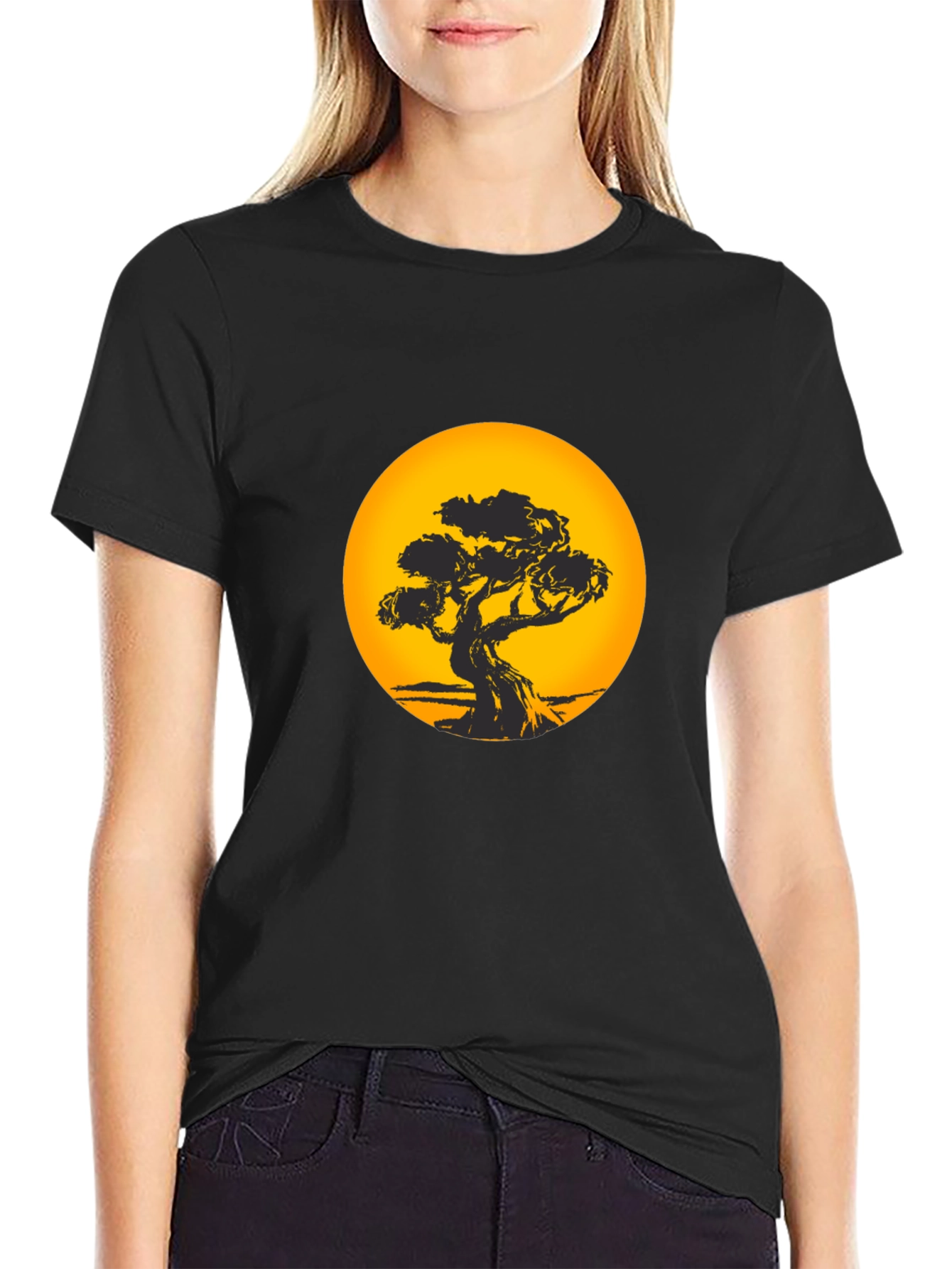 Bonsai Tree Sunset Black T-Shirt