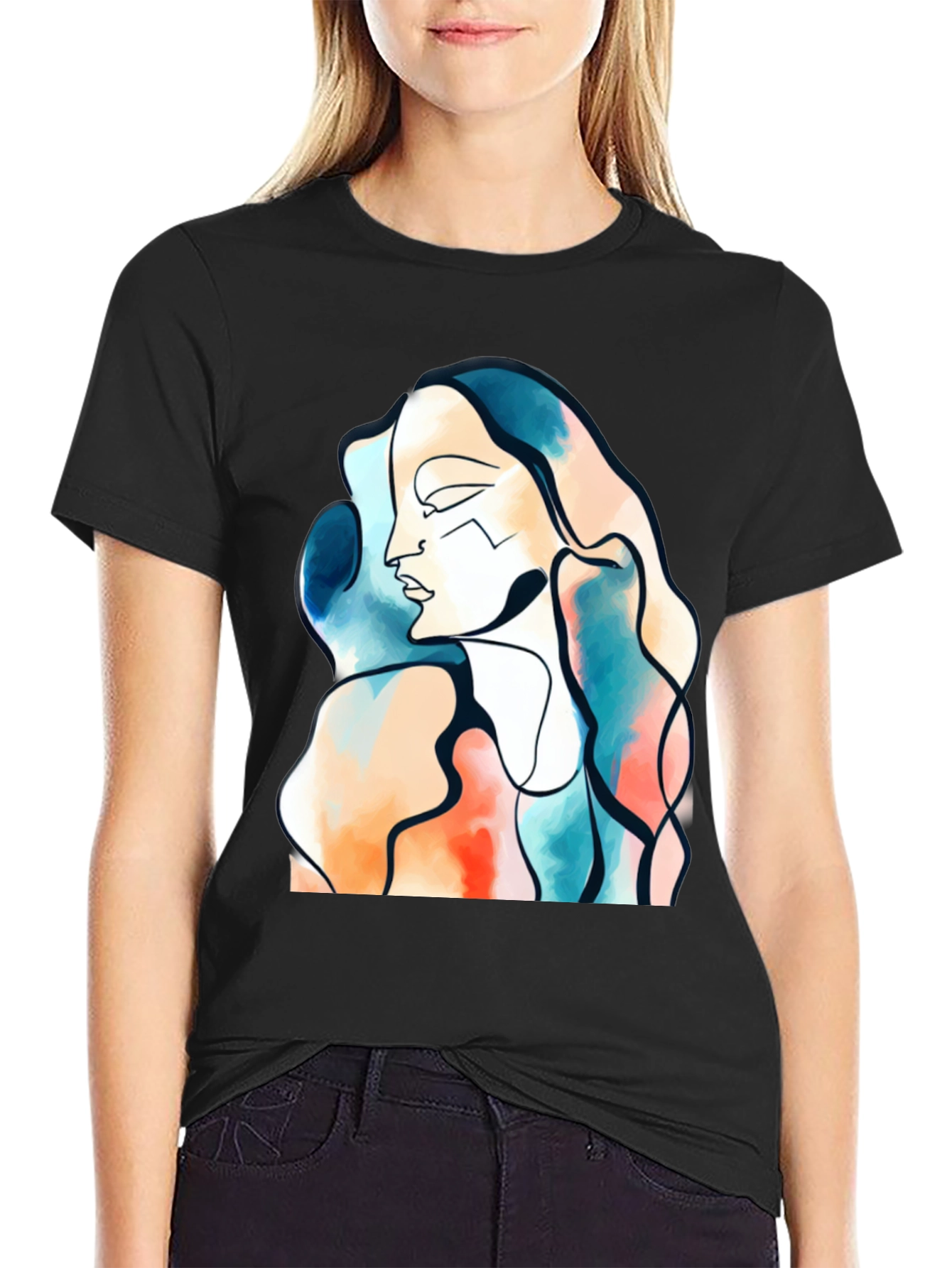 Abstract Face Graphic Print Black T-Shirt