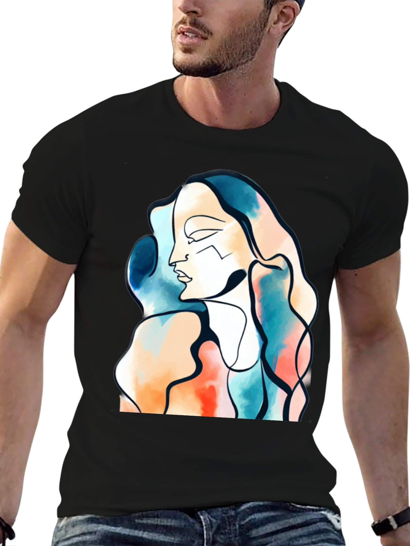 Abstract Face Graphic Print Black T-Shirt