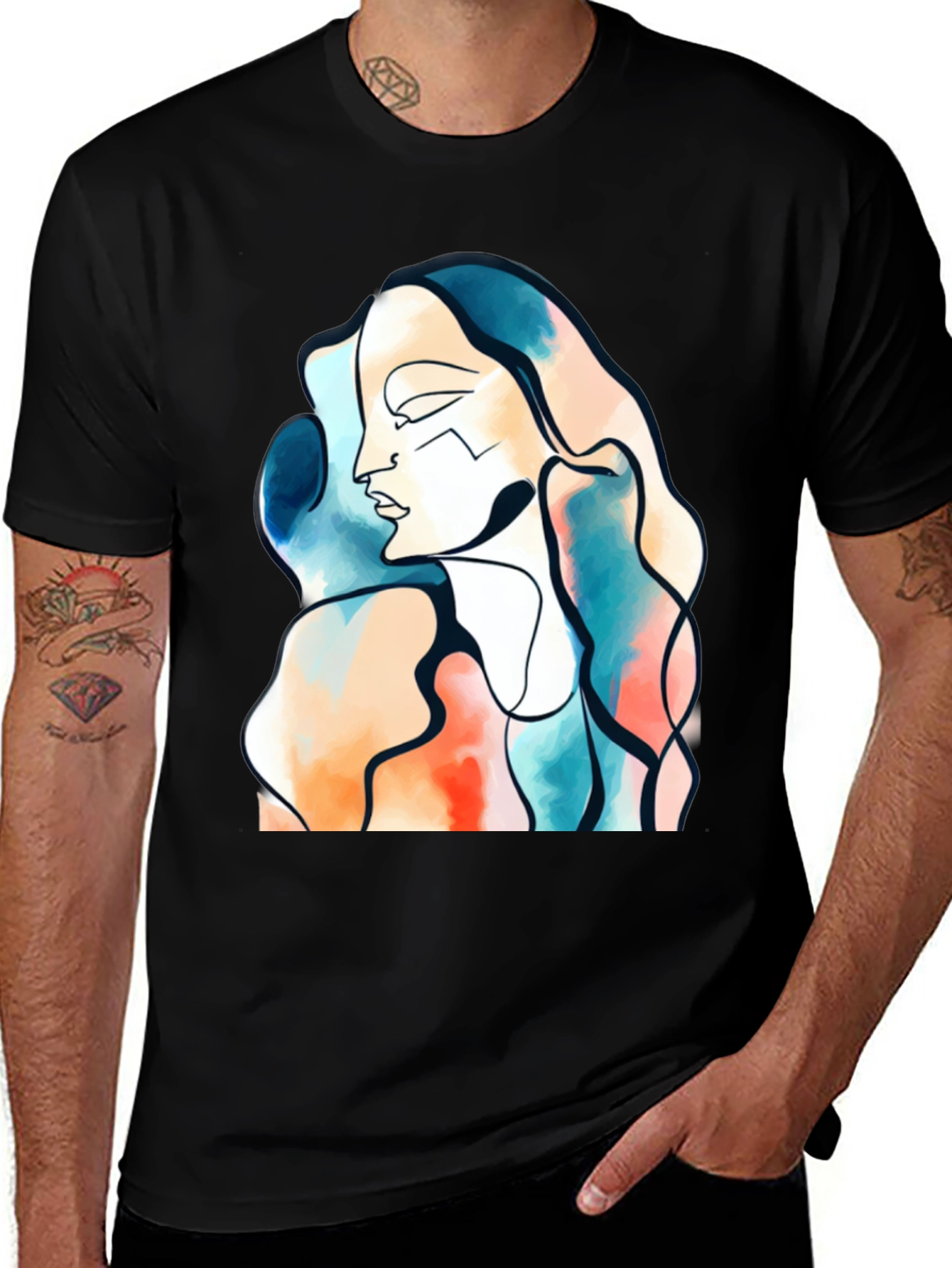 Abstract Face Graphic Print Black T-Shirt