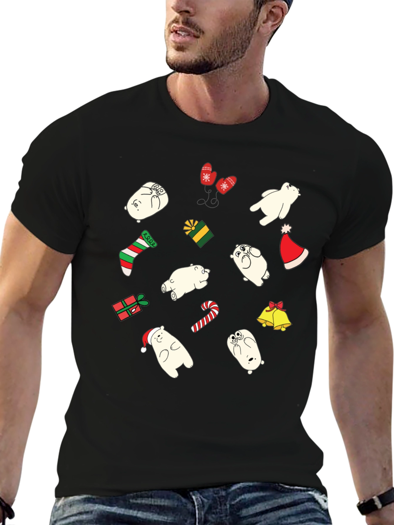 Festive Bear Christmas Graphic Tee - Black