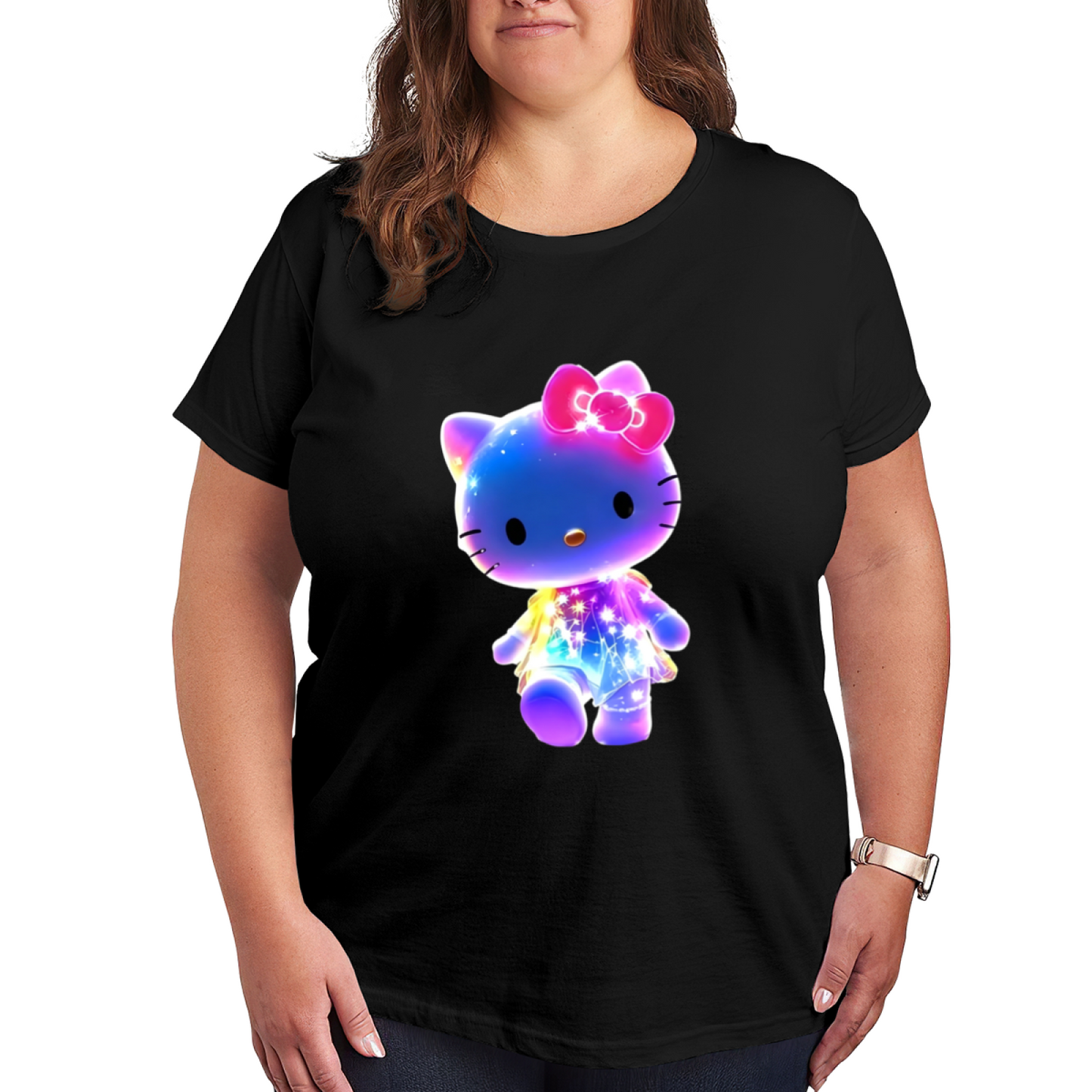 Glowing Galaxy Hello Kitty Magical Design Plus Size Women¡¯s Black T?shirt