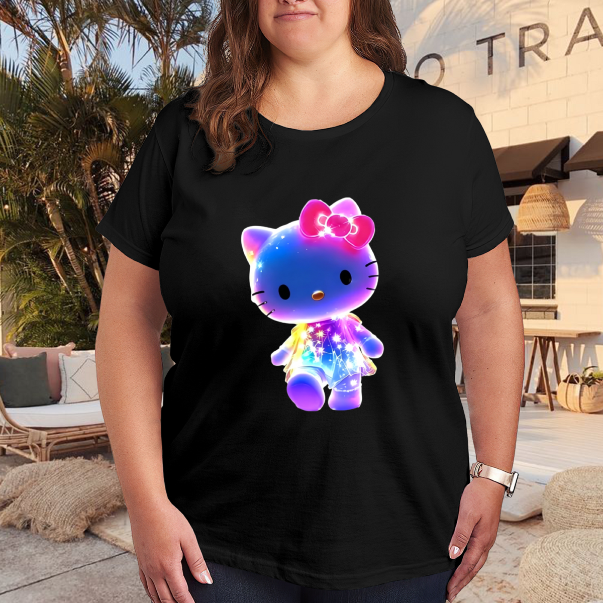 Glowing Galaxy Hello Kitty Magical Design Plus Size Women¡¯s Black T?shirt