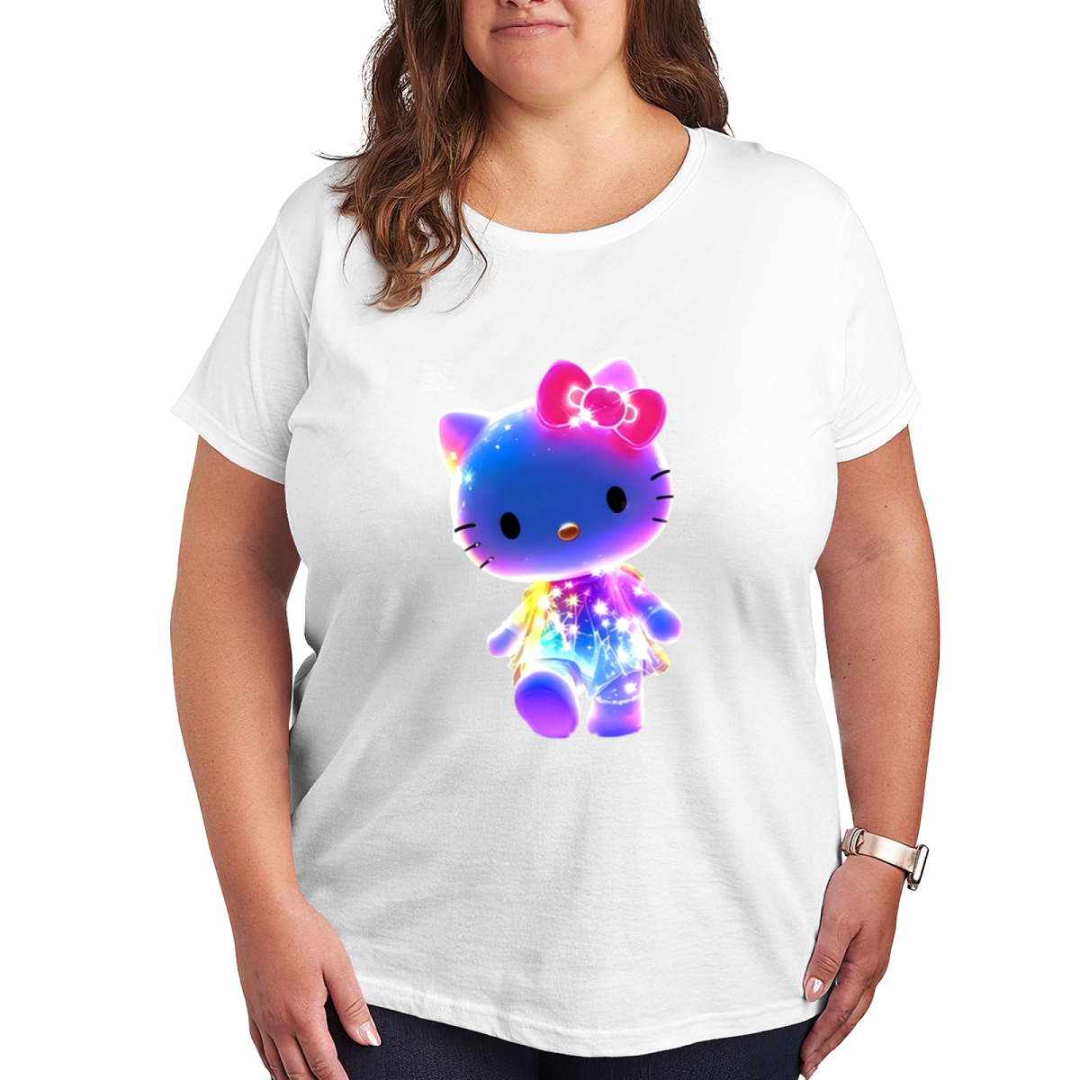 Glowing Galaxy Hello Kitty Magical Design Plus Size Women¡¯s Black T?shirt