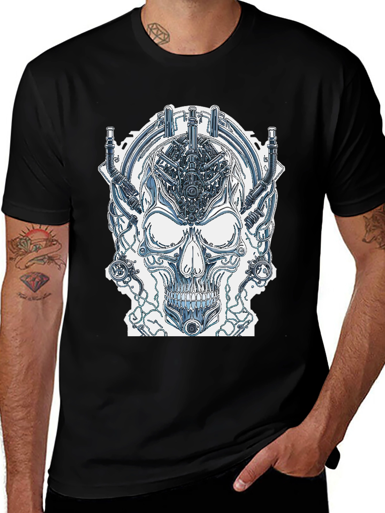 Cyberpunk Skull Graphic Tee - Edgy Sci-Fi Design