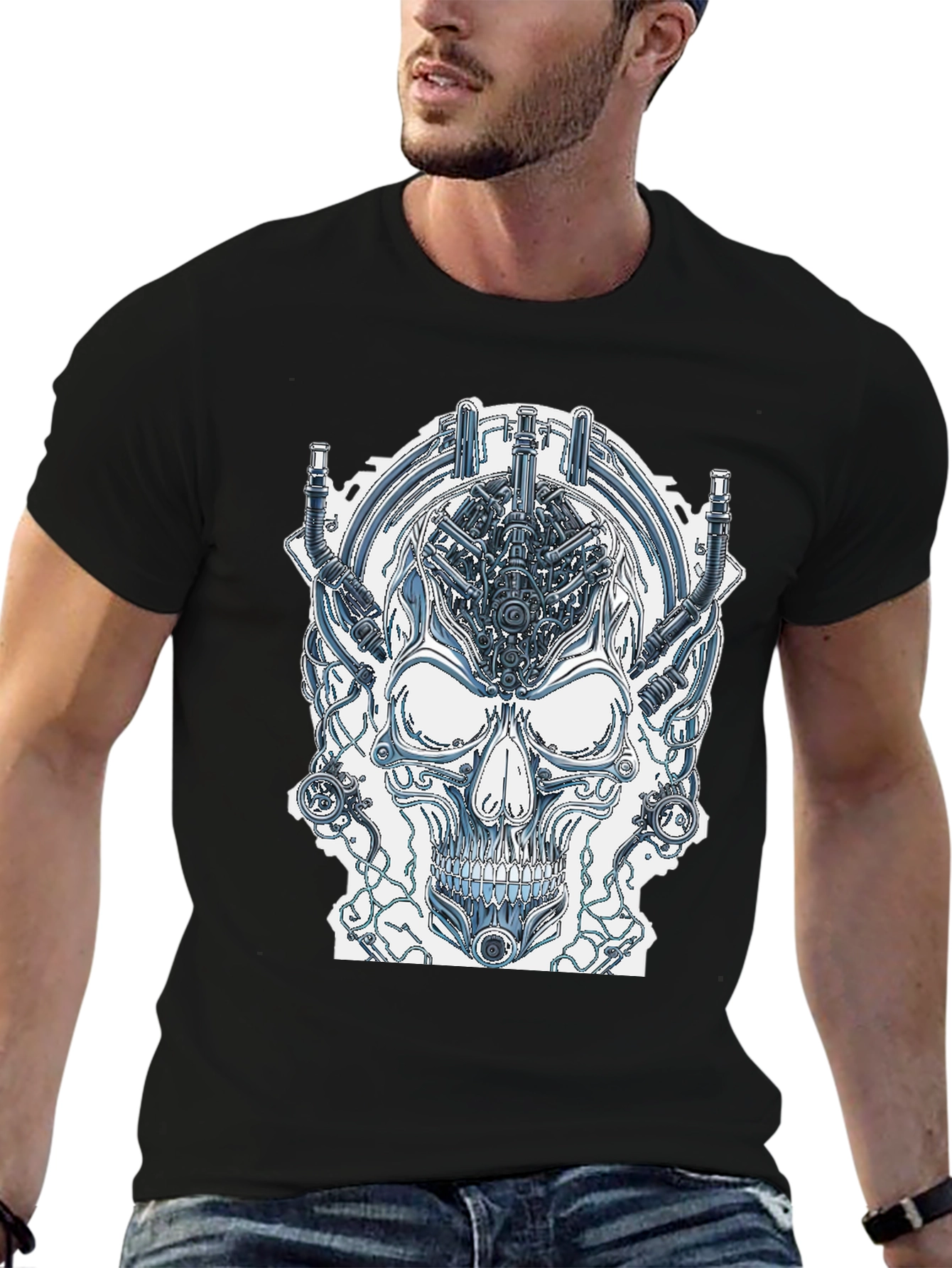 Cyberpunk Skull Graphic Tee - Edgy Sci-Fi Design
