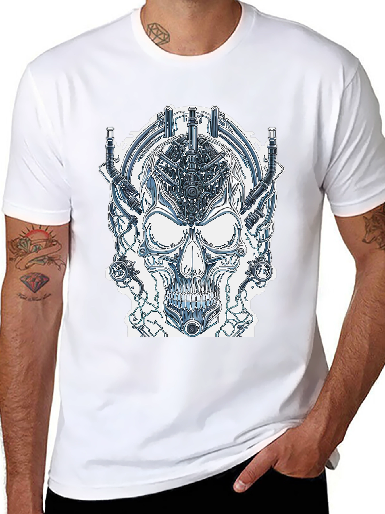 Cyberpunk Skull Graphic Tee - Edgy Sci-Fi Design