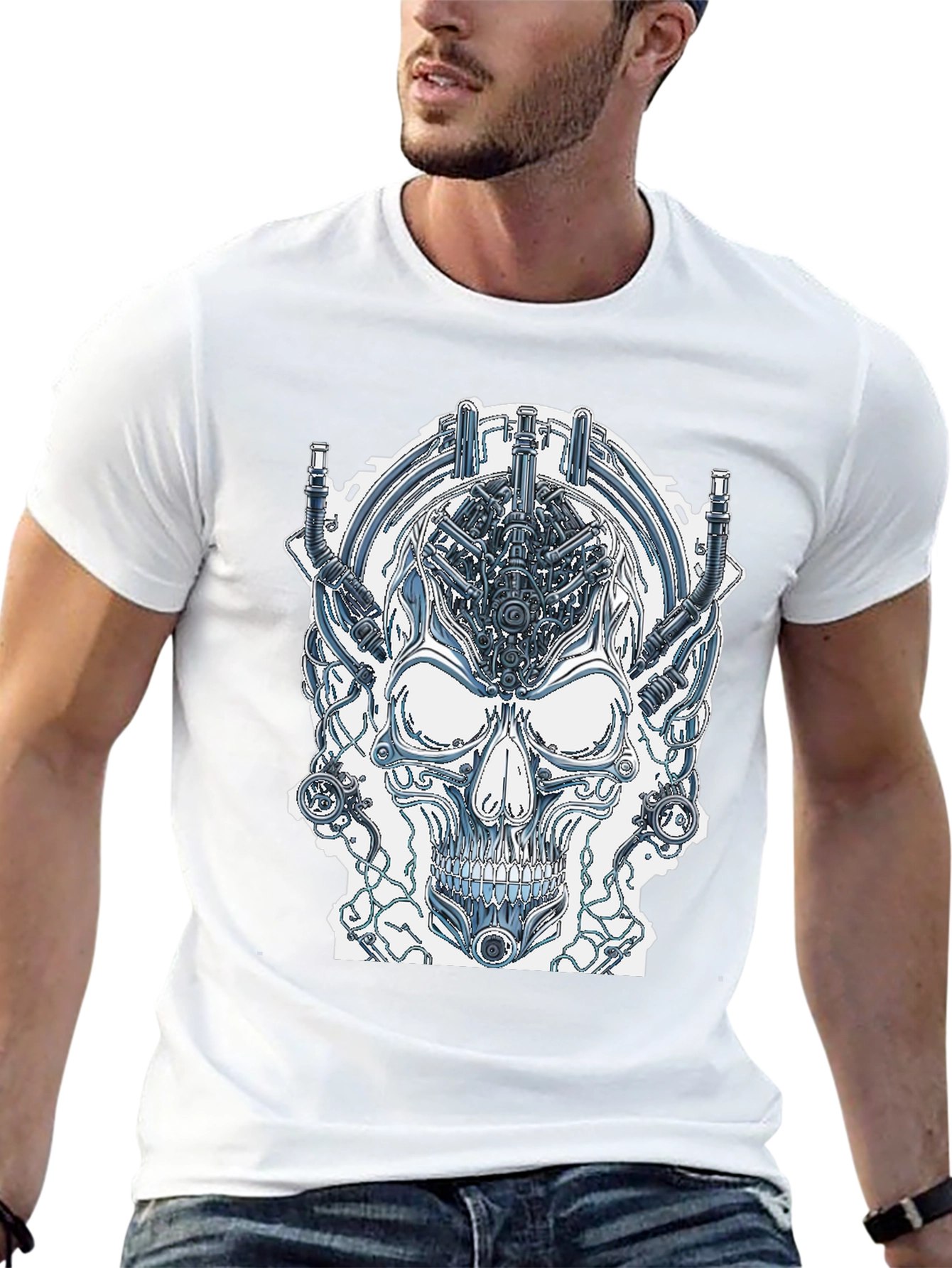 Cyberpunk Skull Graphic Tee - Edgy Sci-Fi Design