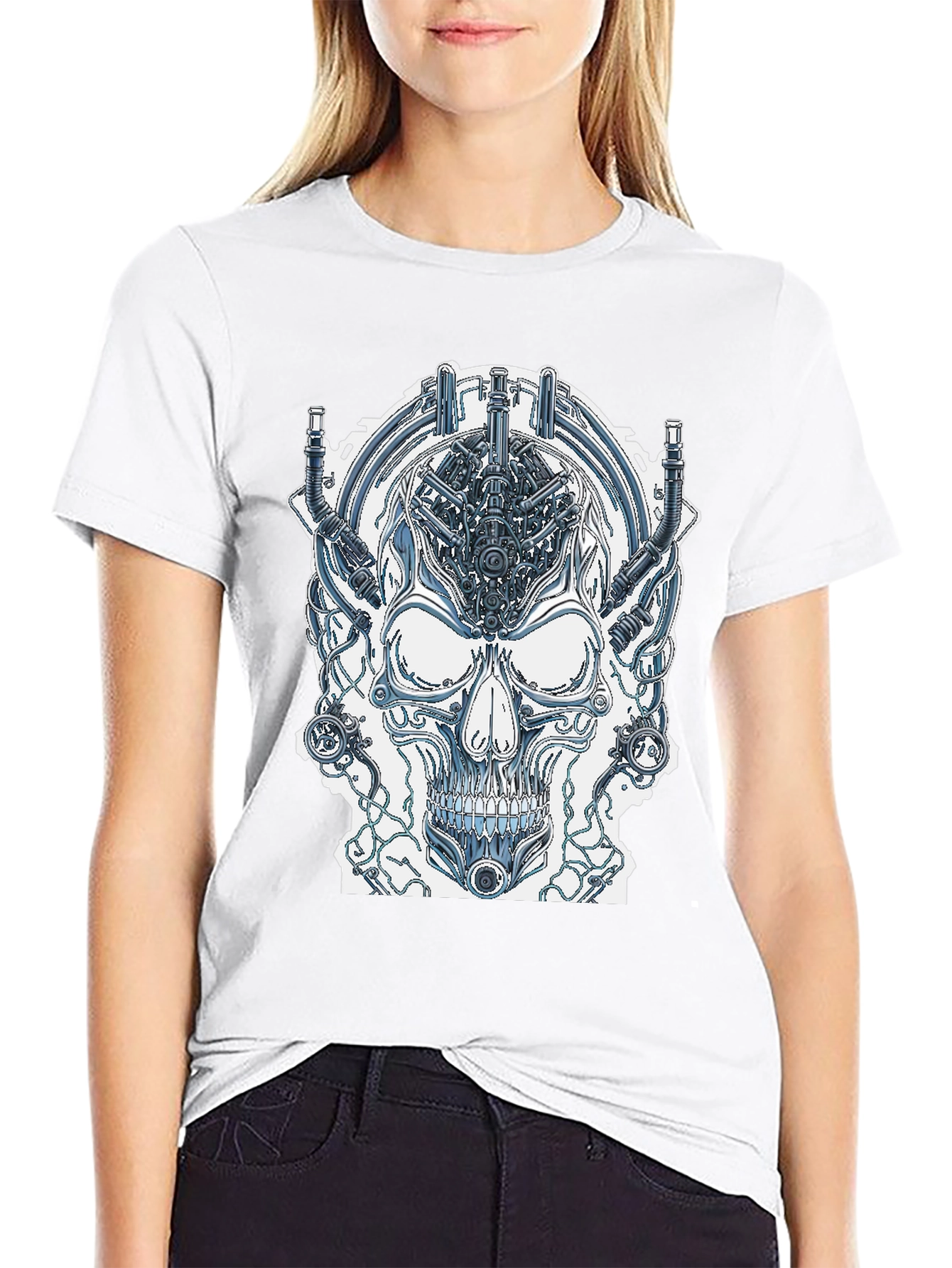 Cyberpunk Skull Graphic Tee - Edgy Sci-Fi Design