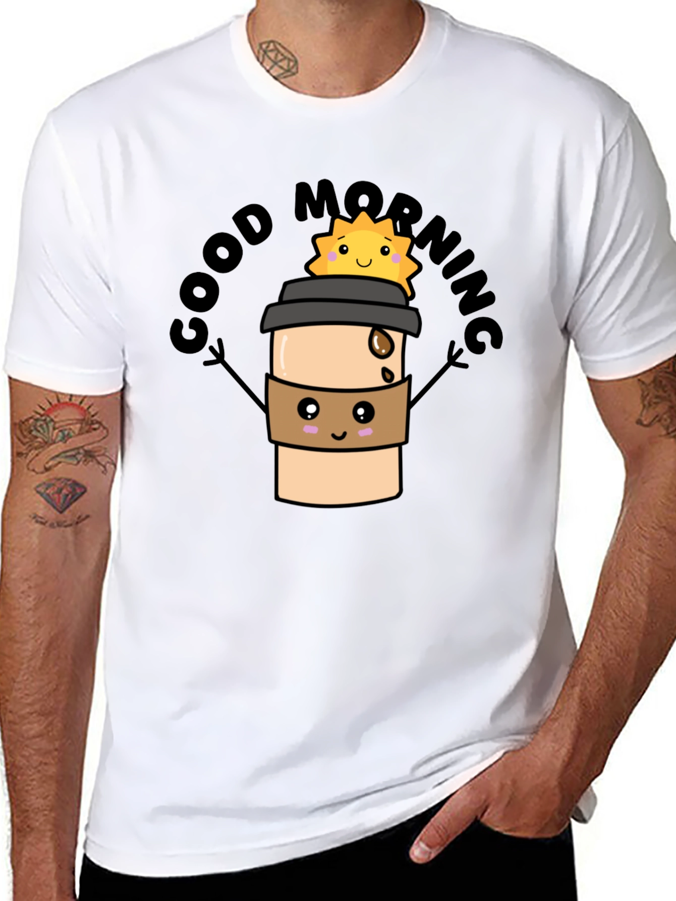 Good Morning Coffee Cartoon Black Tee