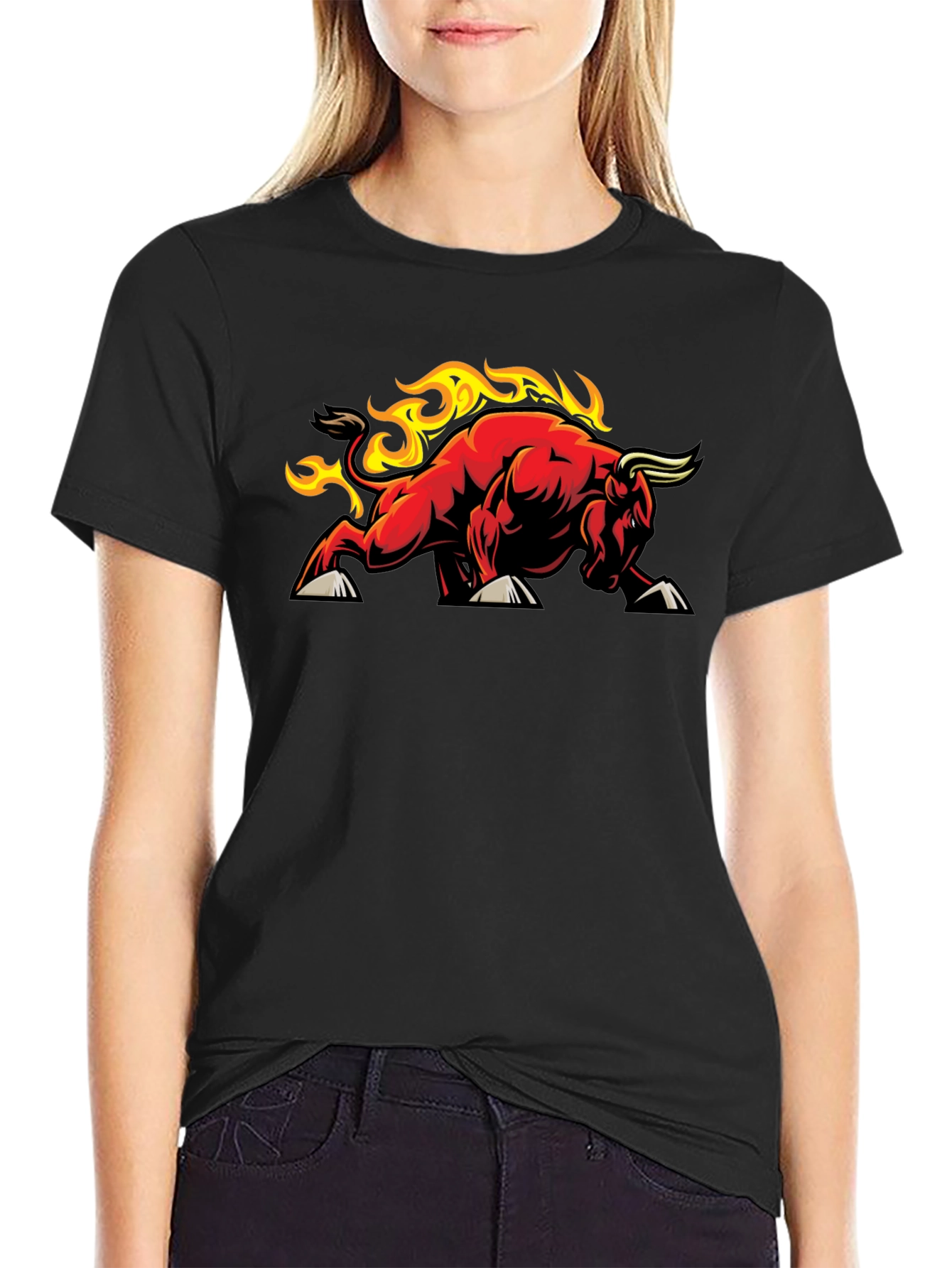 Fiery Bull Graphic Tee - Black Cotton T-Shirt