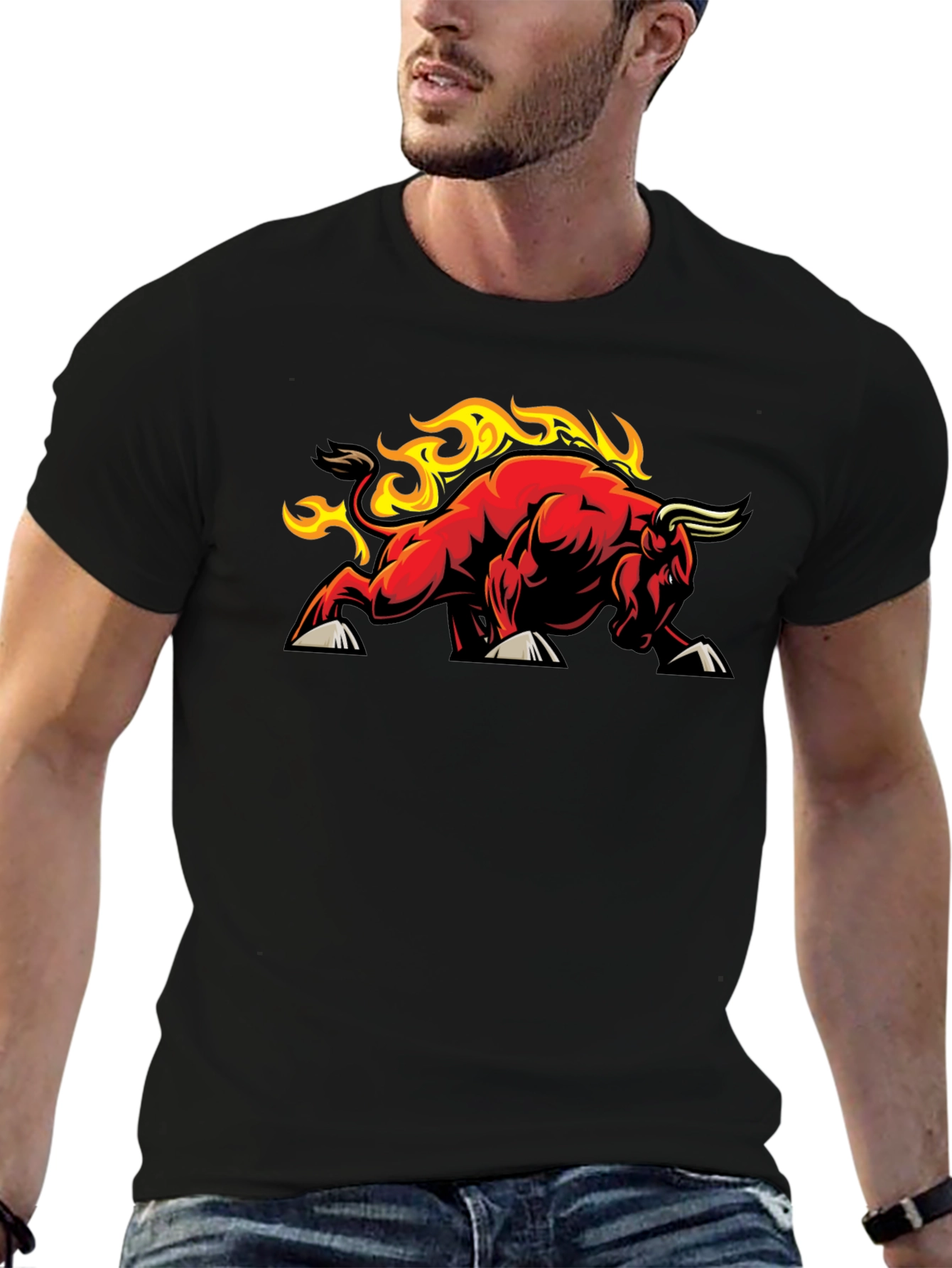 Fiery Bull Graphic Tee - Black Cotton T-Shirt