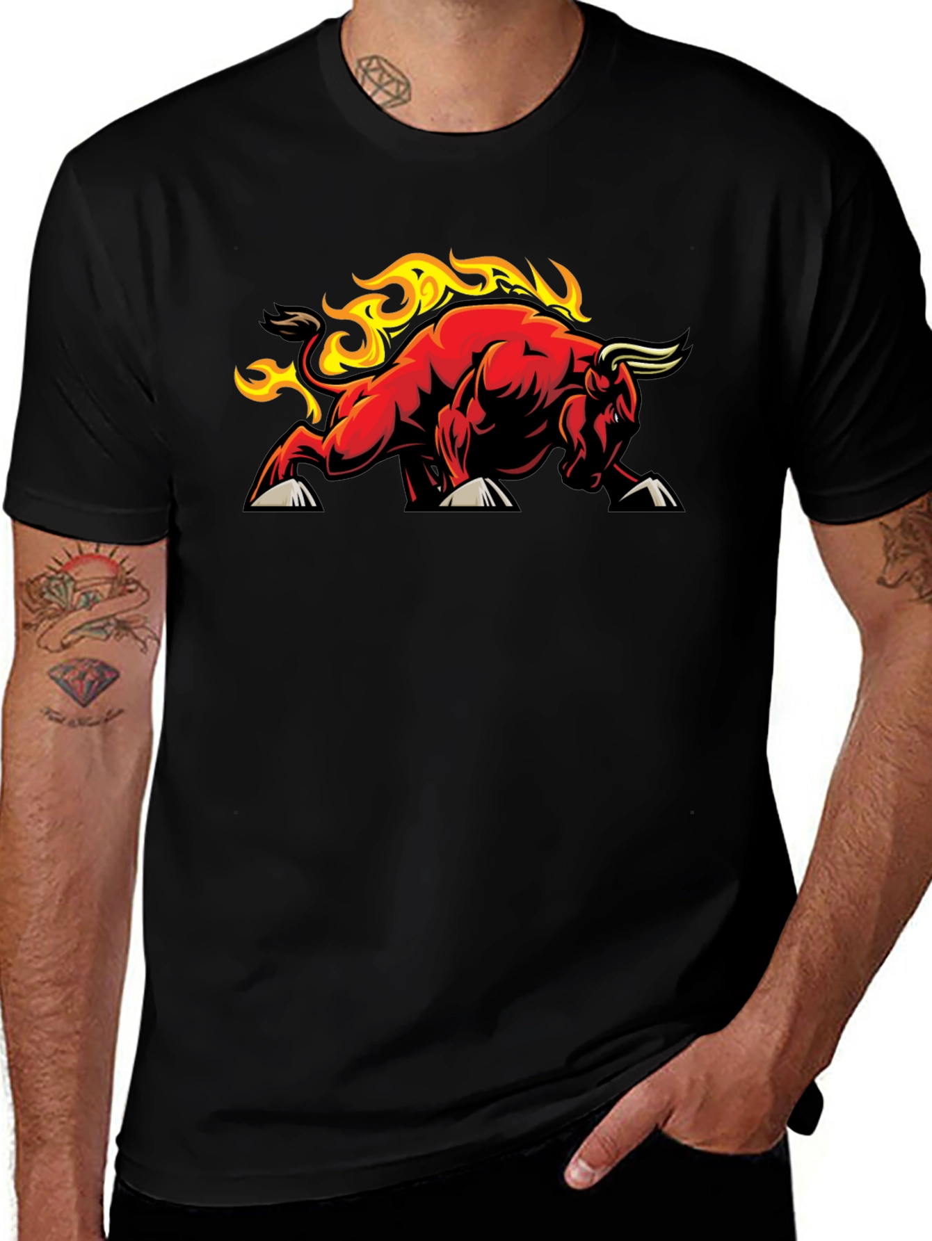 Fiery Bull Graphic Tee - Black Cotton T-Shirt