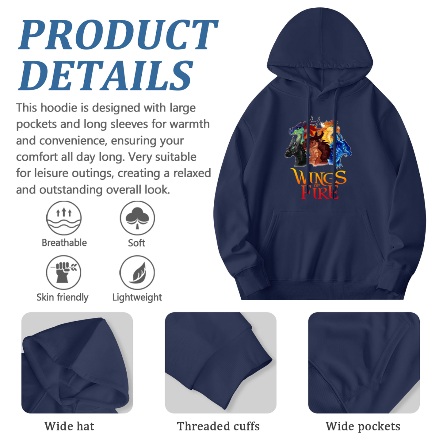 Wings of Fire Dragon Art Navy Hoodie, Unisex Book Fan Soft Comfort Top