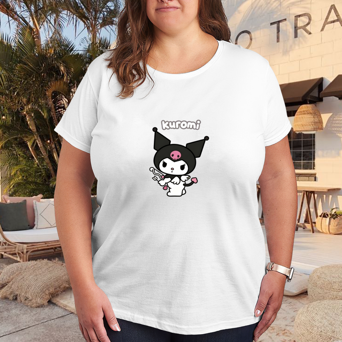Cute Kuromi Cartoon Graphic Plus Size Women Daily Tee