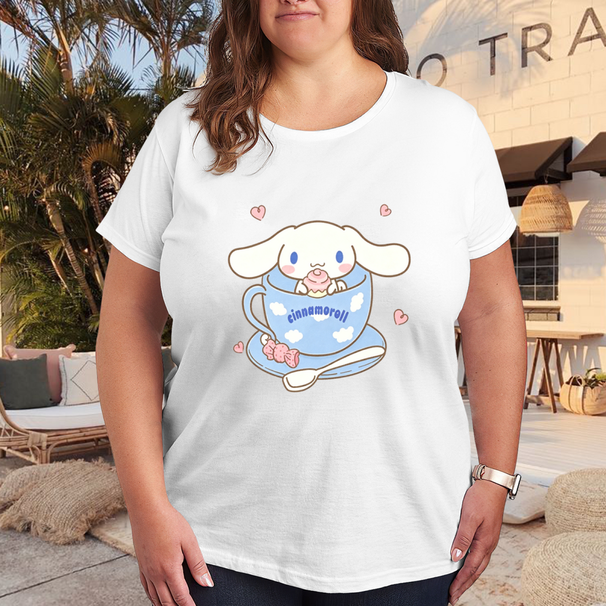 Cozy Cup?Style Cinnamoroll Heart Plus?Size Ladies White T?Shirt