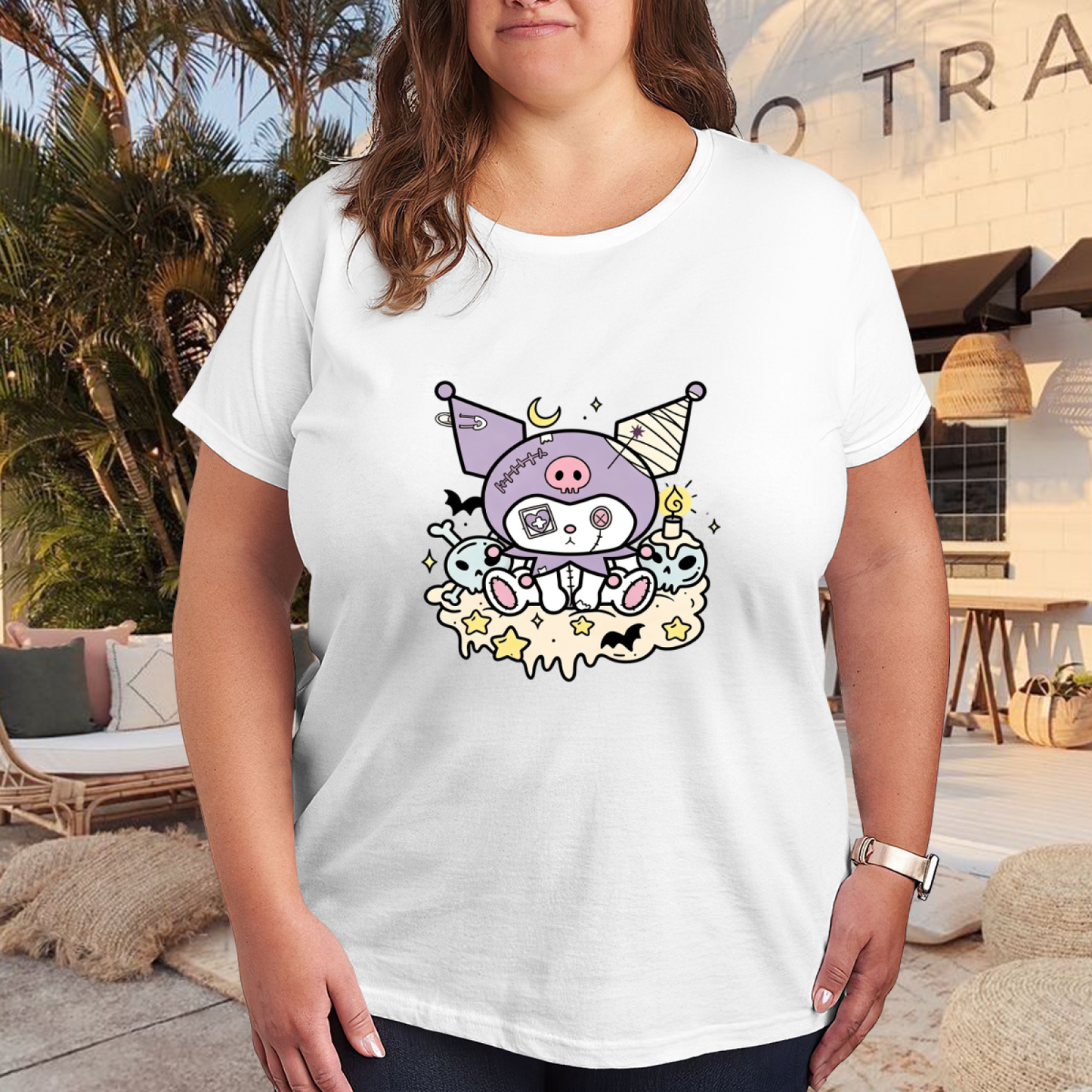 Doll?Style Halloween Kuromi Spooky Cute Plus?Size Ladies Tee