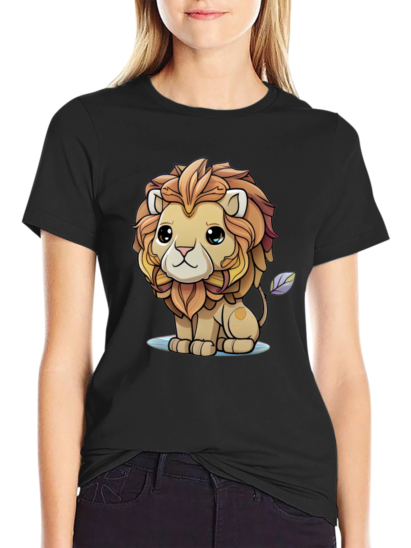 Cute Cartoon Lion Graphic Tee - Unisex Black T-Shirt