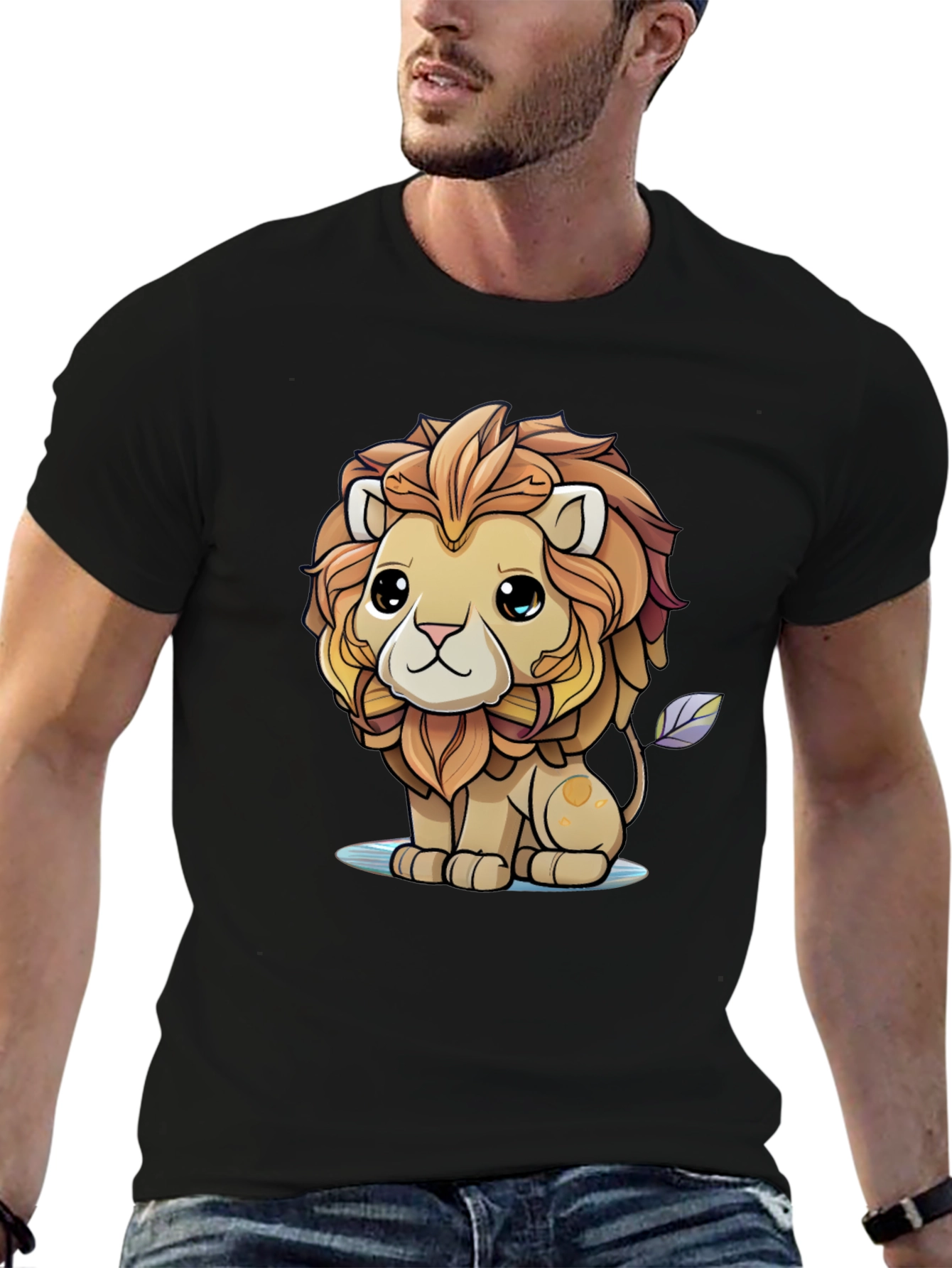 Cute Cartoon Lion Graphic Tee - Unisex Black T-Shirt