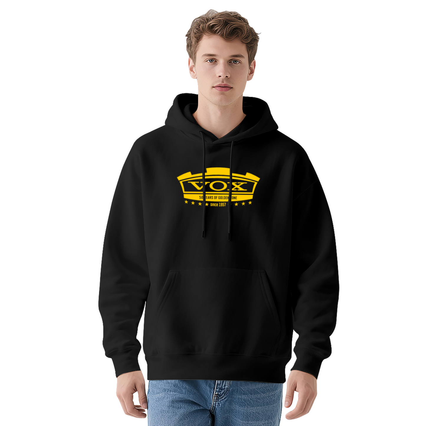 Retro VOX Since 1957 Golden Logo Hoodie, Soft Rock Music Lover Sweatshirt