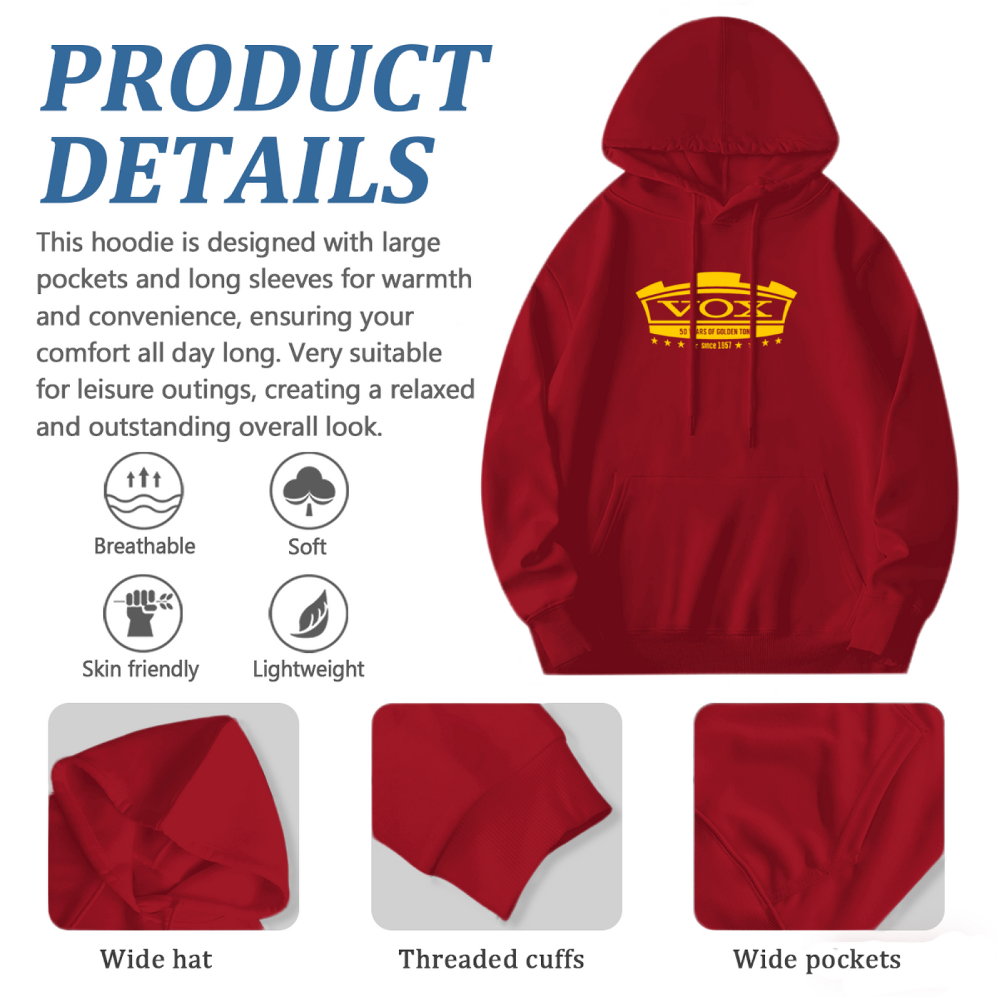 Retro VOX Since 1957 Golden Logo Hoodie, Soft Rock Music Lover Sweatshirt