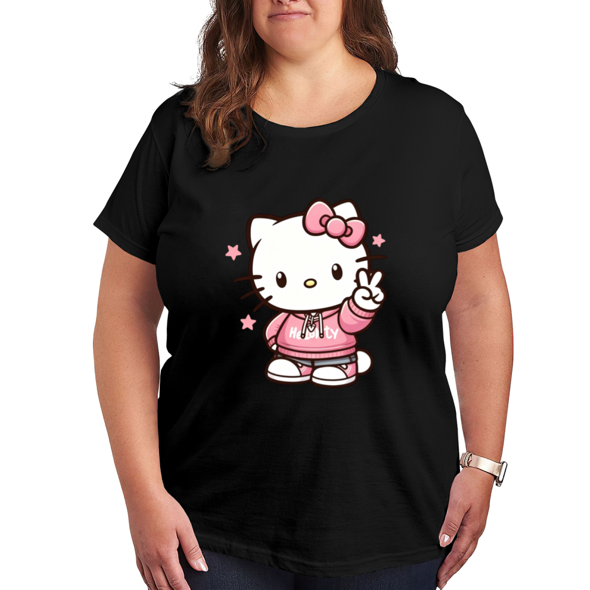 Trendy Peace?Sign Hello Kitty Streetwear Plus Size Women Casual Tee
