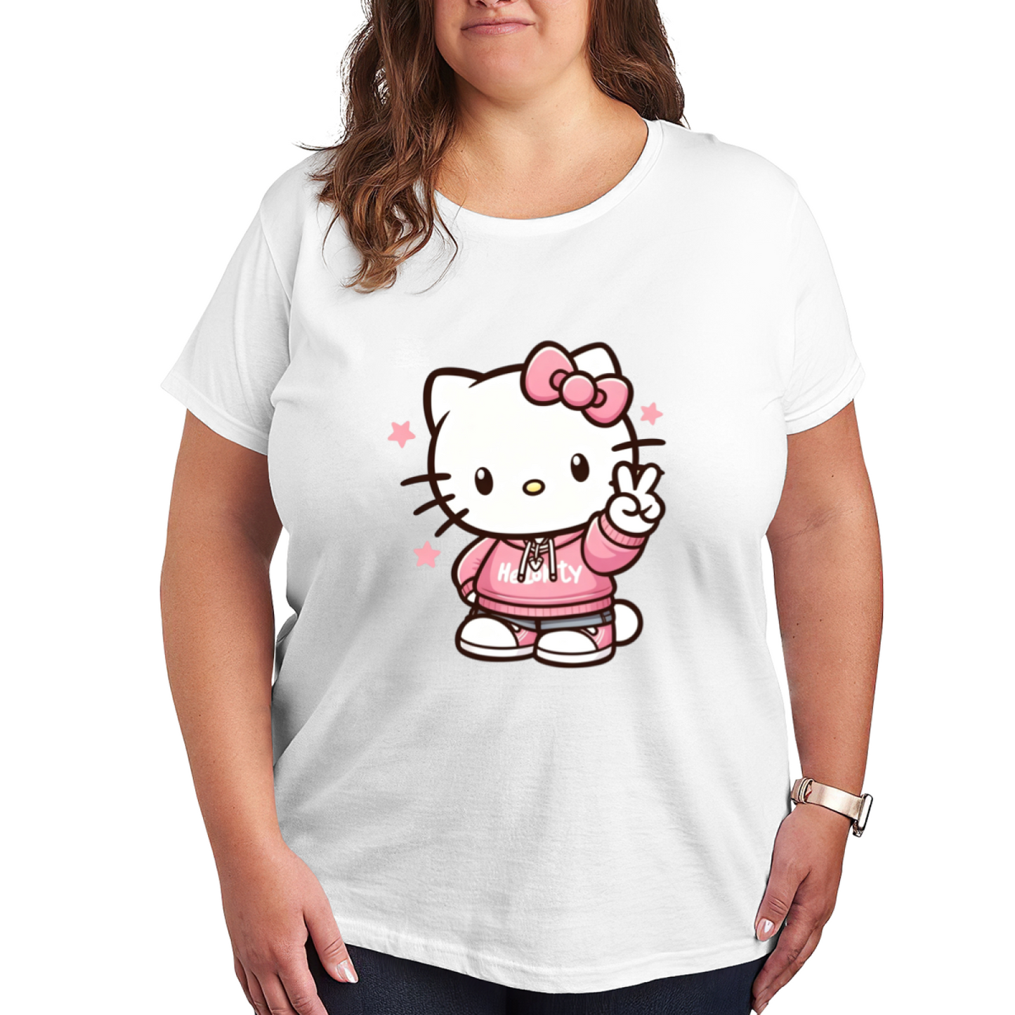 Trendy Peace?Sign Hello Kitty Streetwear Plus Size Women Casual Tee