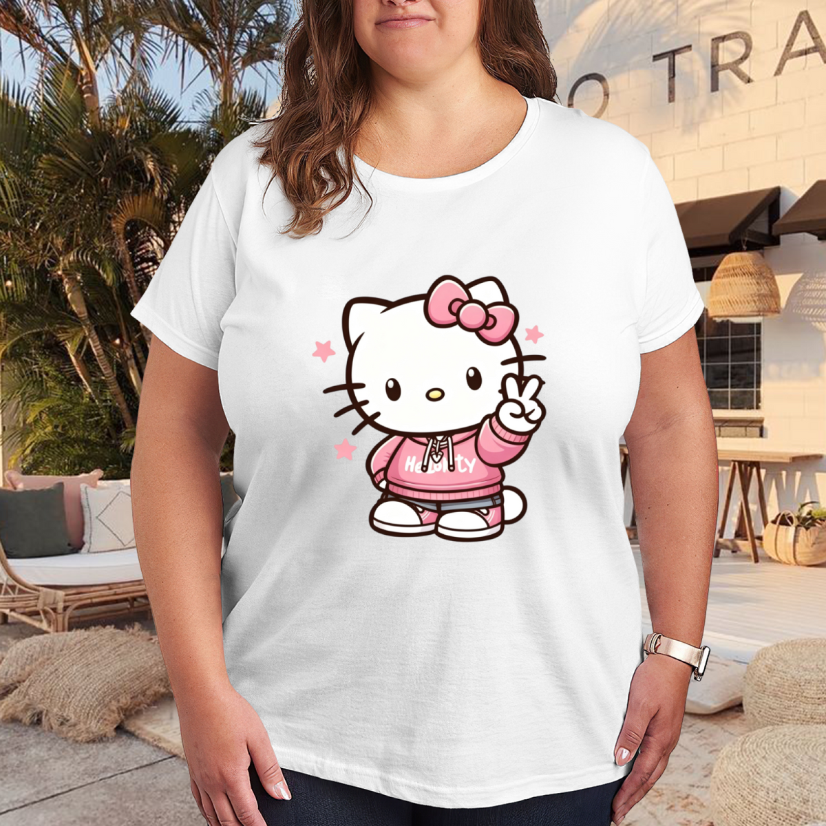 Trendy Peace?Sign Hello Kitty Streetwear Plus Size Women Casual Tee