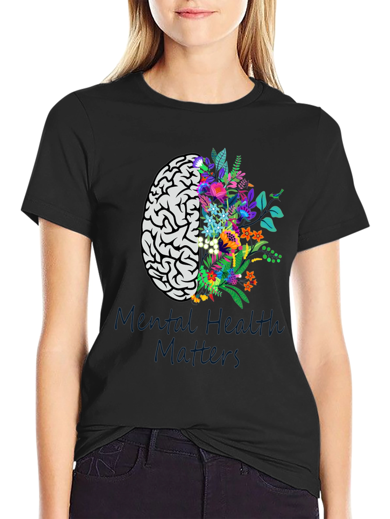 Mental Health Matters Brain & Floral Graphic Tee