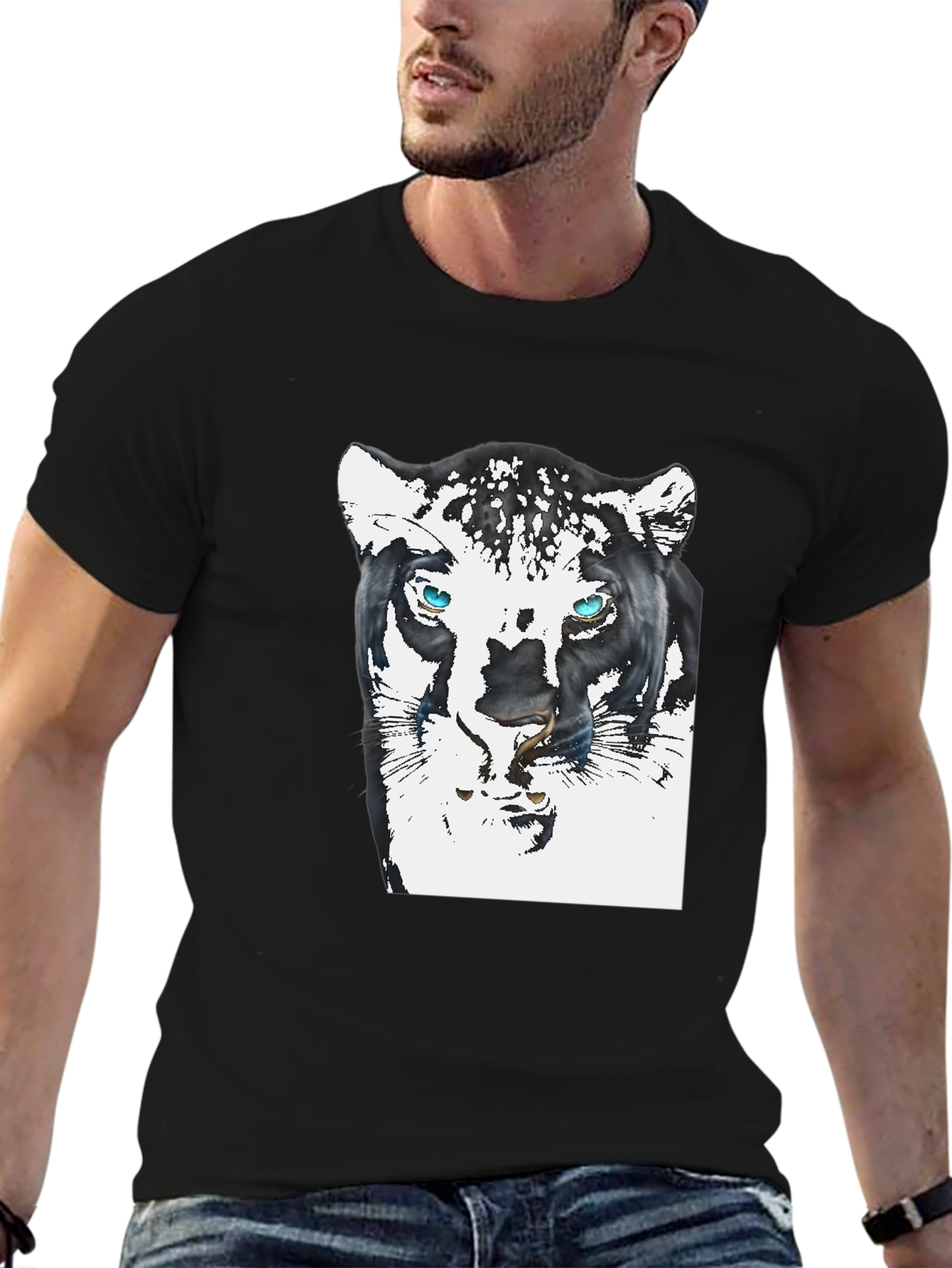 Black T-Shirt with Artistic Jaguar Graphic Print