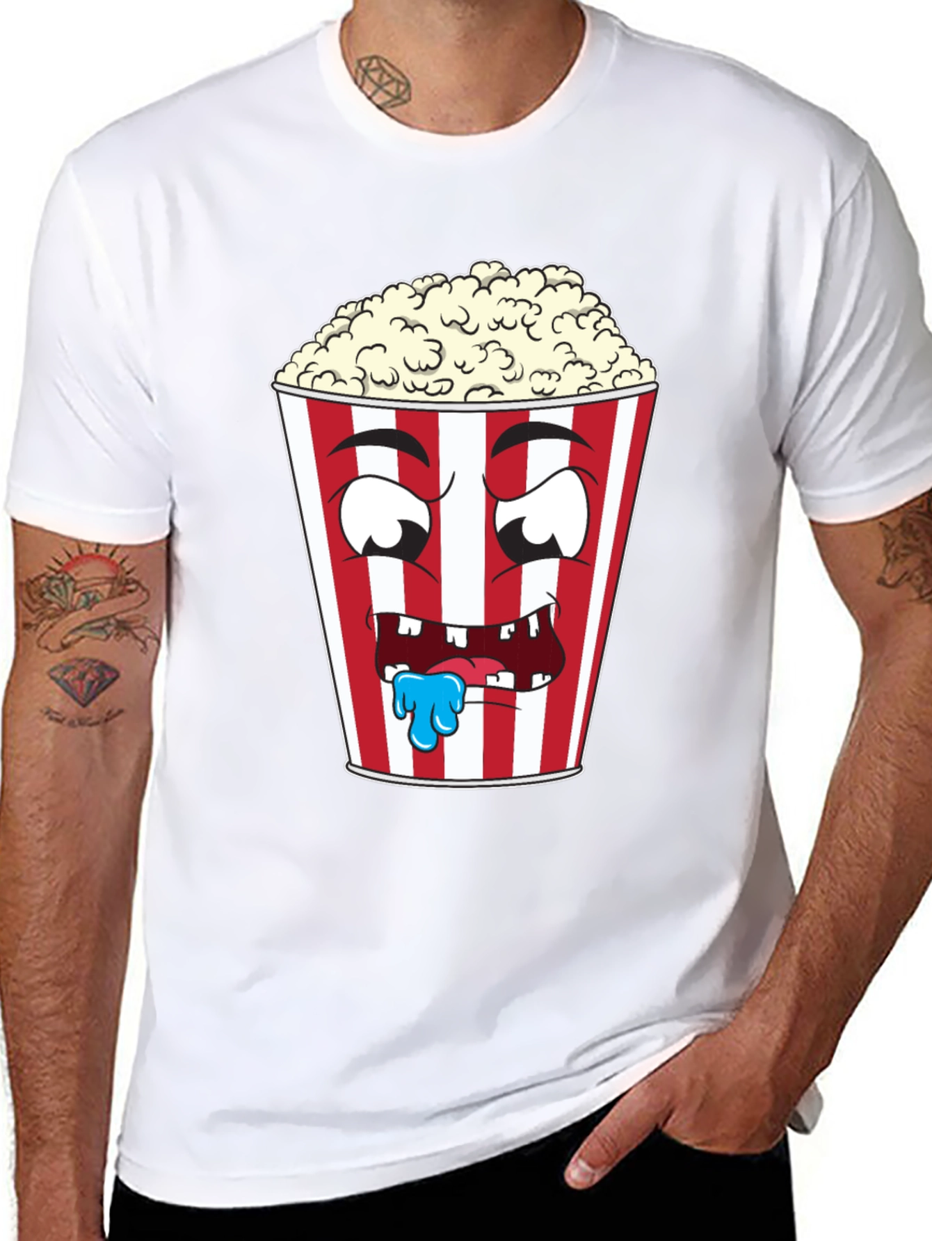 Funny Popcorn Cartoon Graphic Black T-Shirt