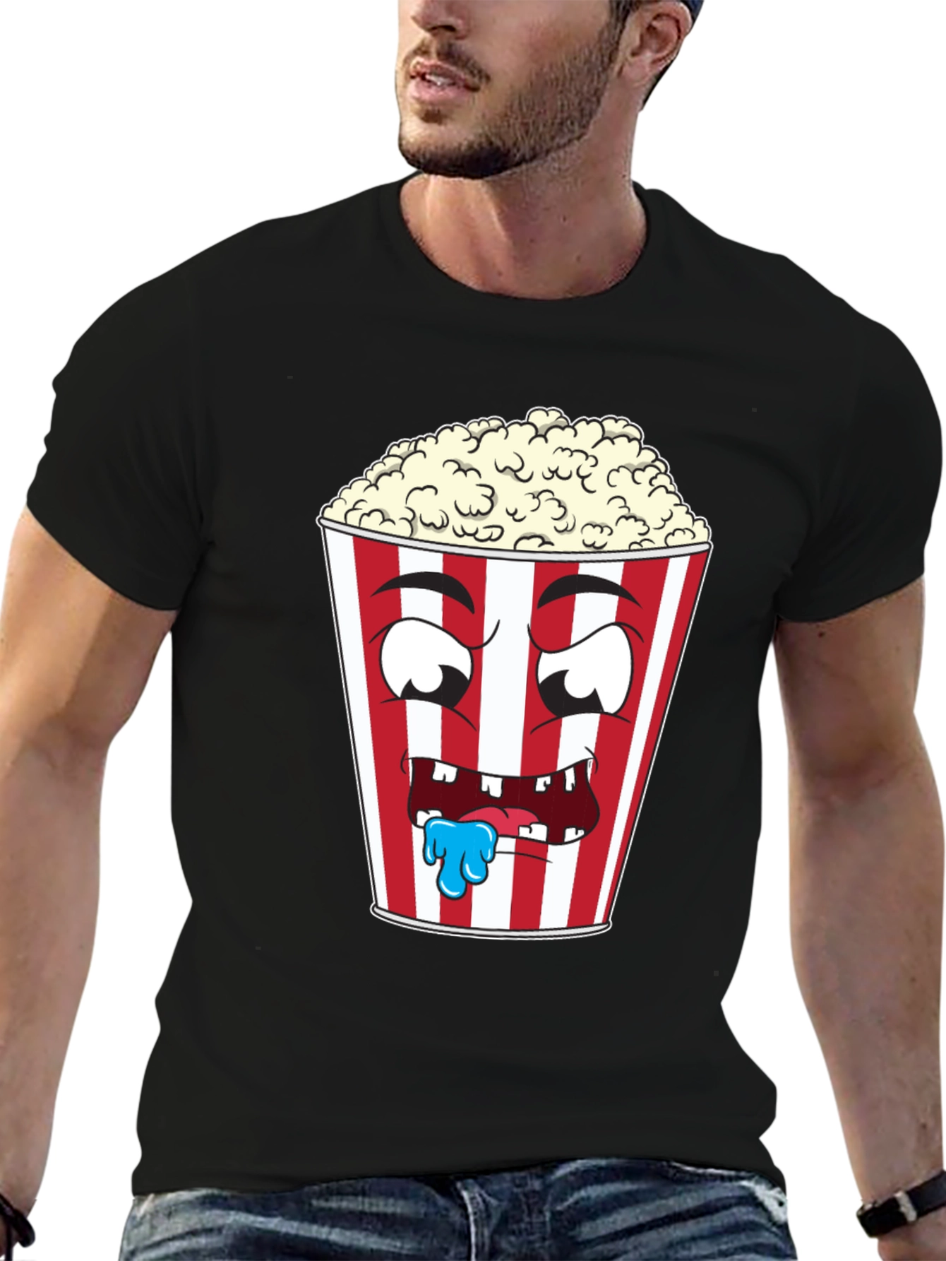 Funny Popcorn Cartoon Graphic Black T-Shirt