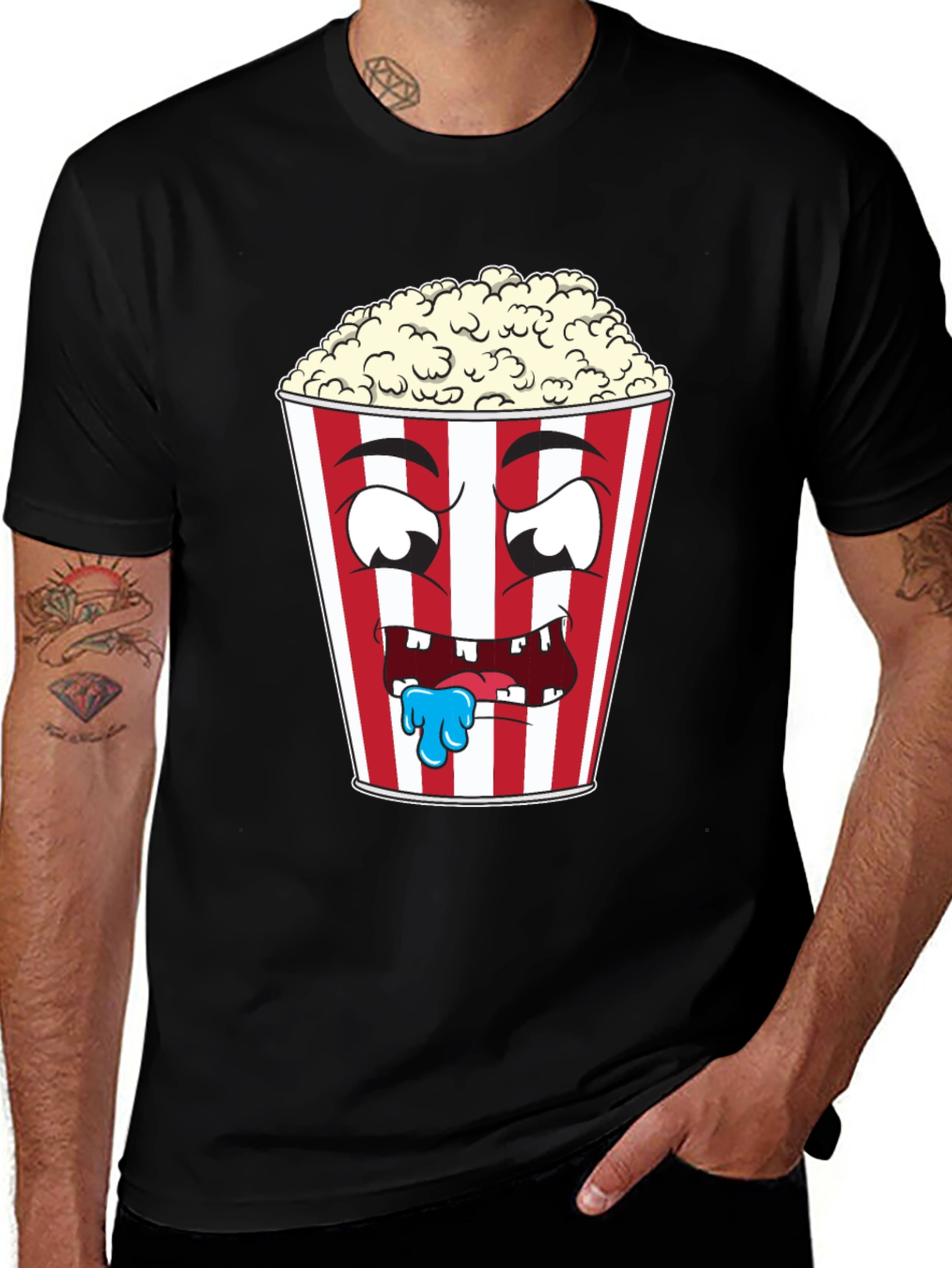 Funny Popcorn Cartoon Graphic Black T-Shirt