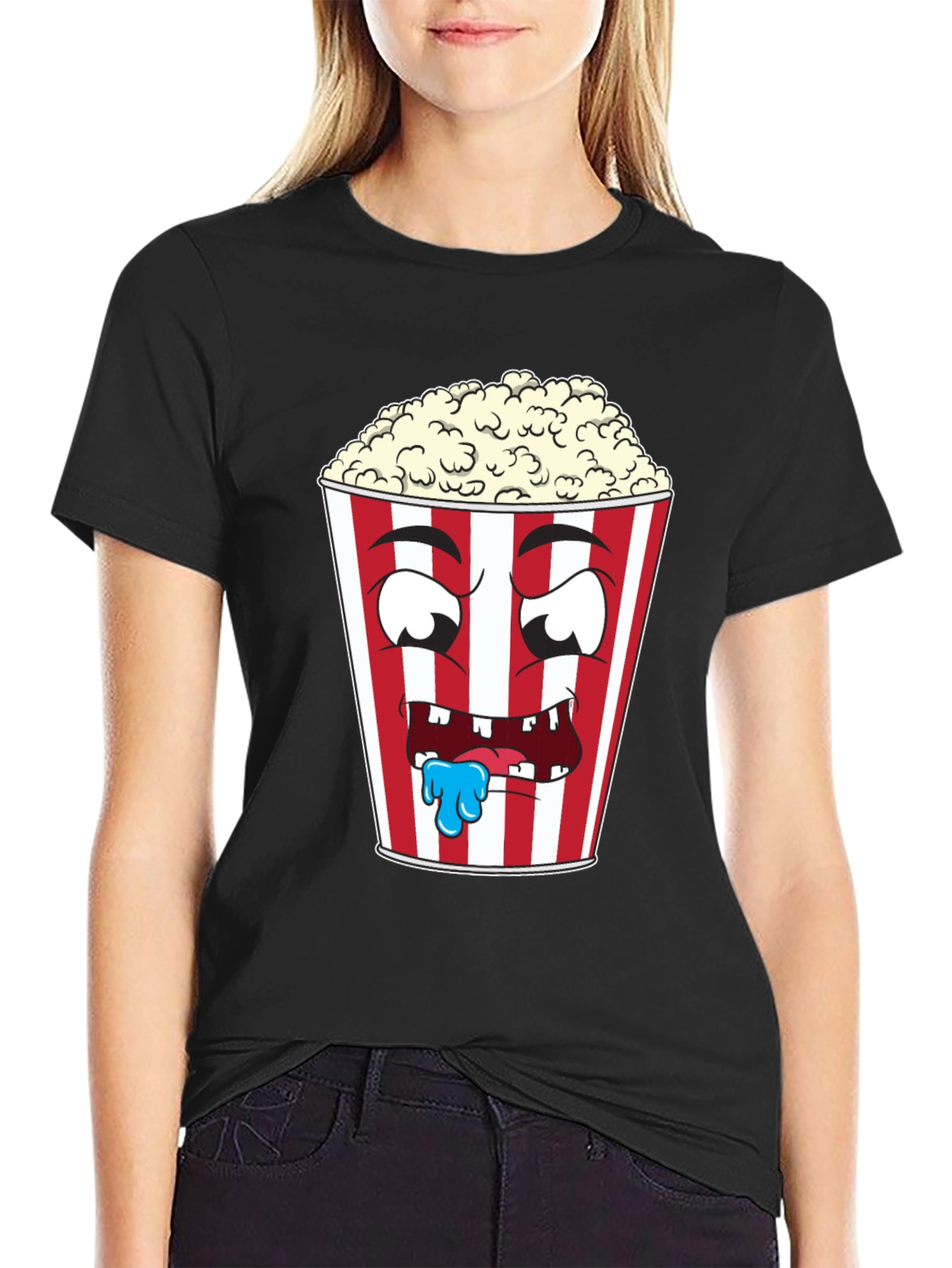 Funny Popcorn Cartoon Graphic Black T-Shirt