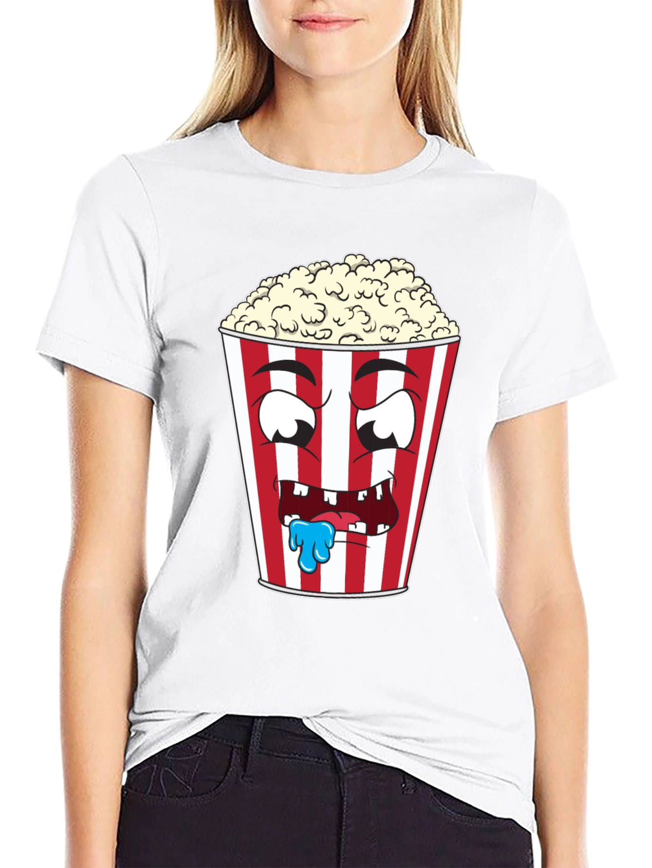 Funny Popcorn Cartoon Graphic Black T-Shirt
