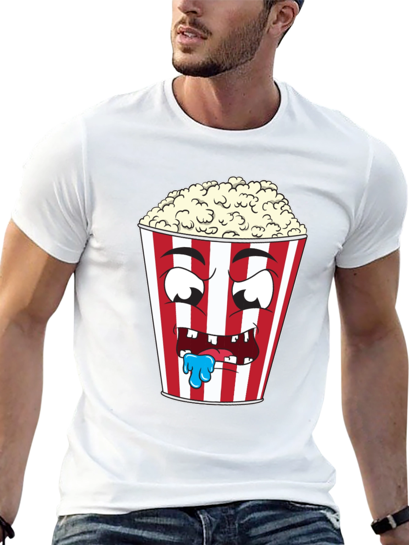 Funny Popcorn Cartoon Graphic Black T-Shirt