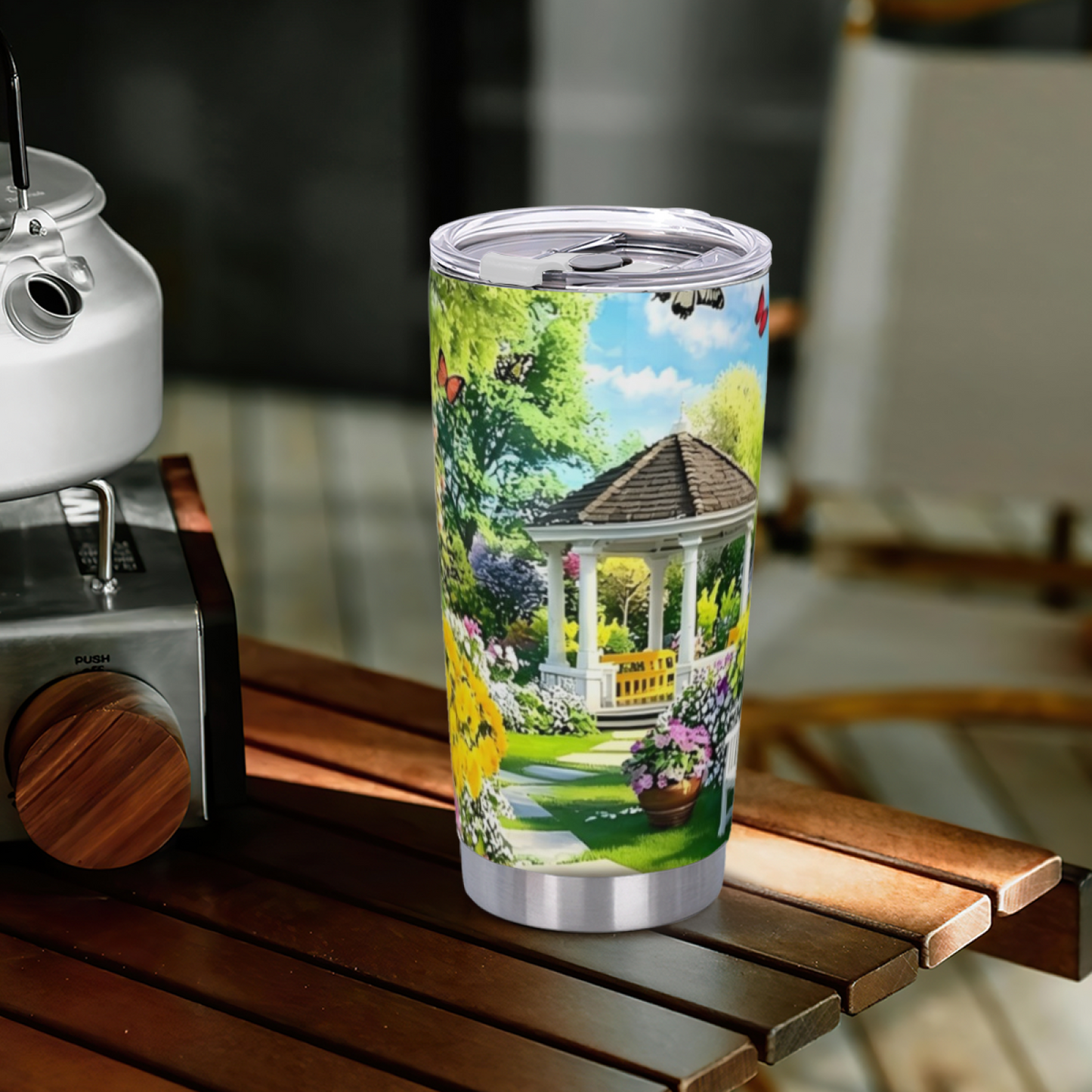 Bright Summer Garden White Gazebo Butterfly Floral Tumbler