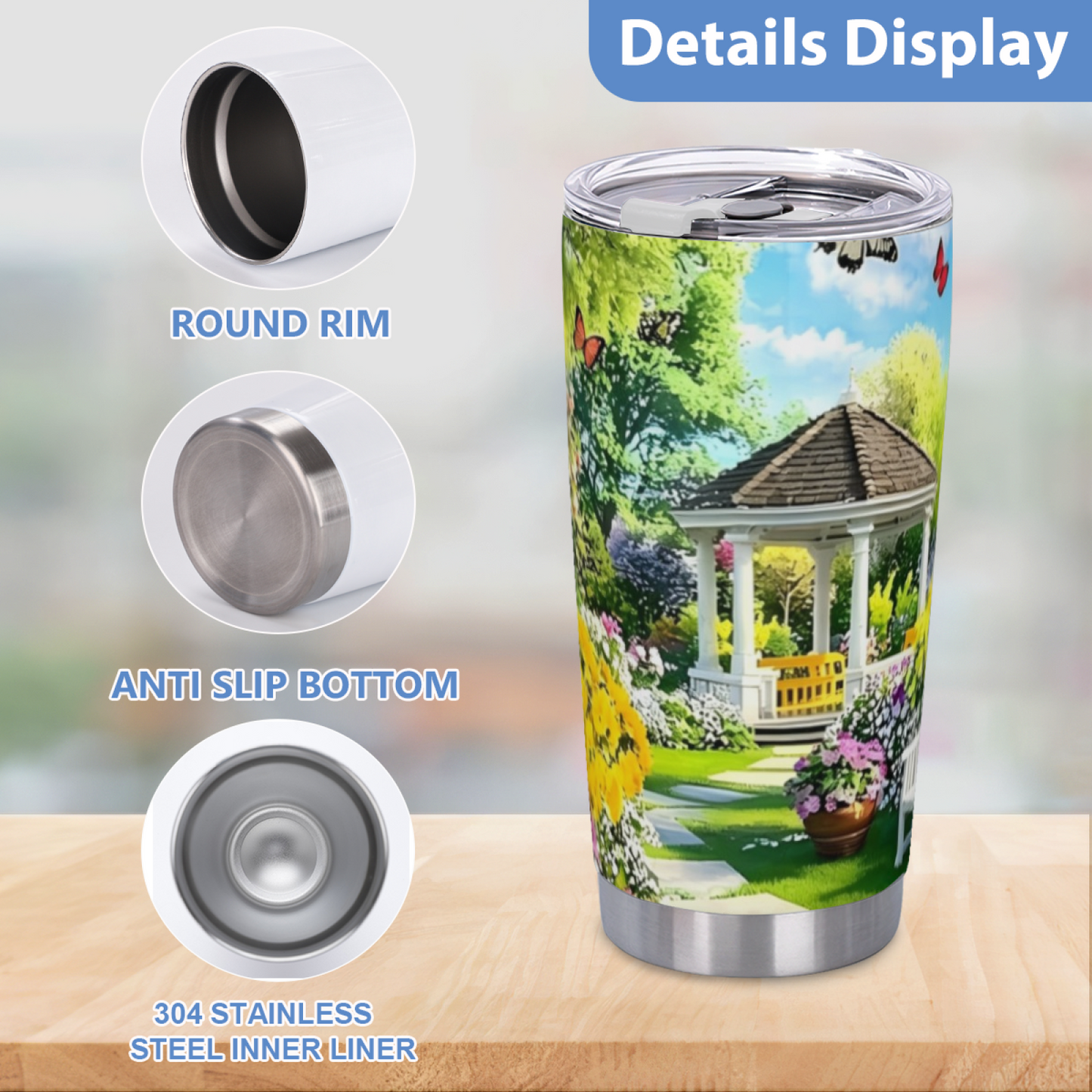 Bright Summer Garden White Gazebo Butterfly Floral Tumbler