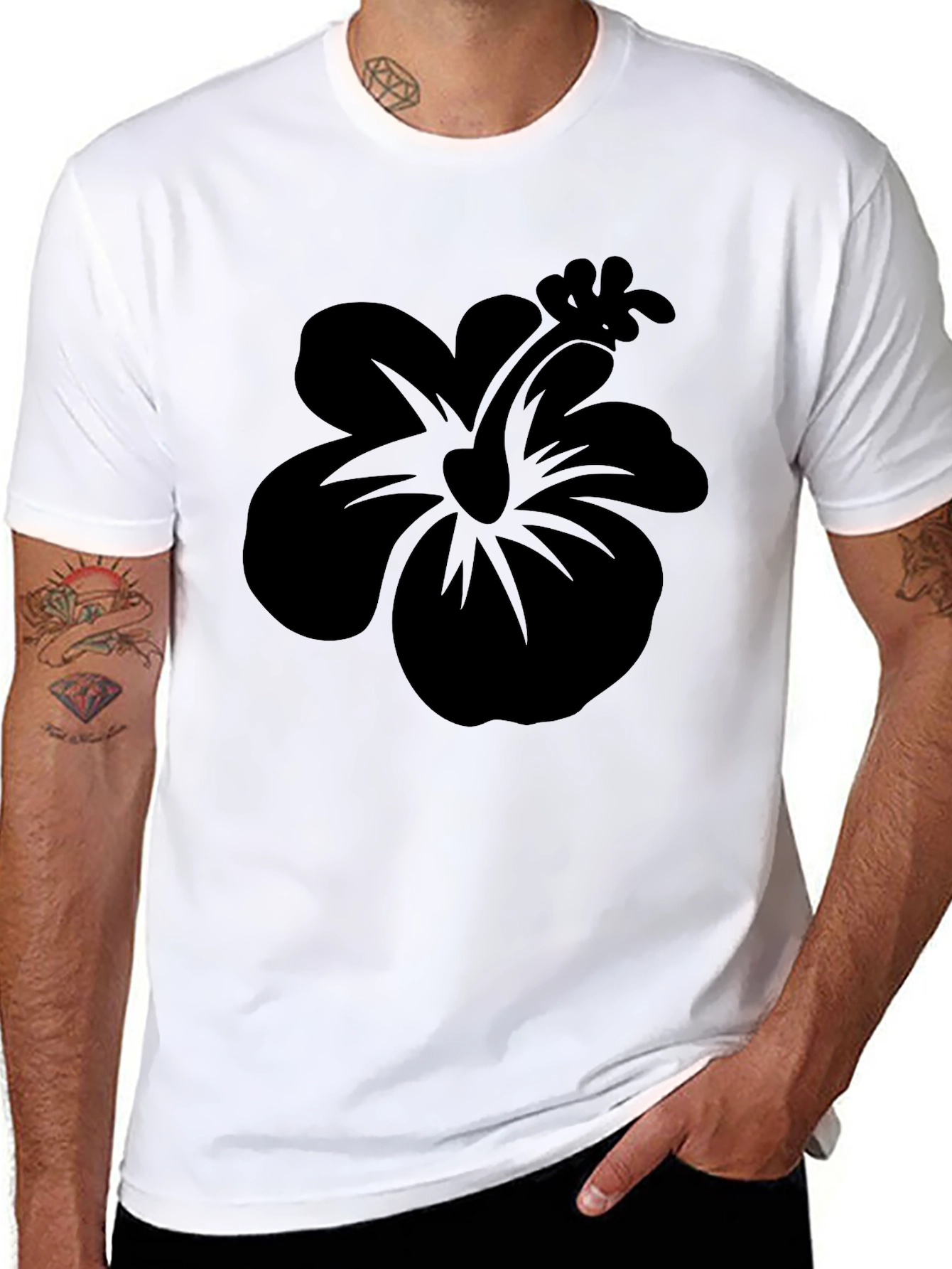 Black Hibiscus Flower Graphic T-Shirt